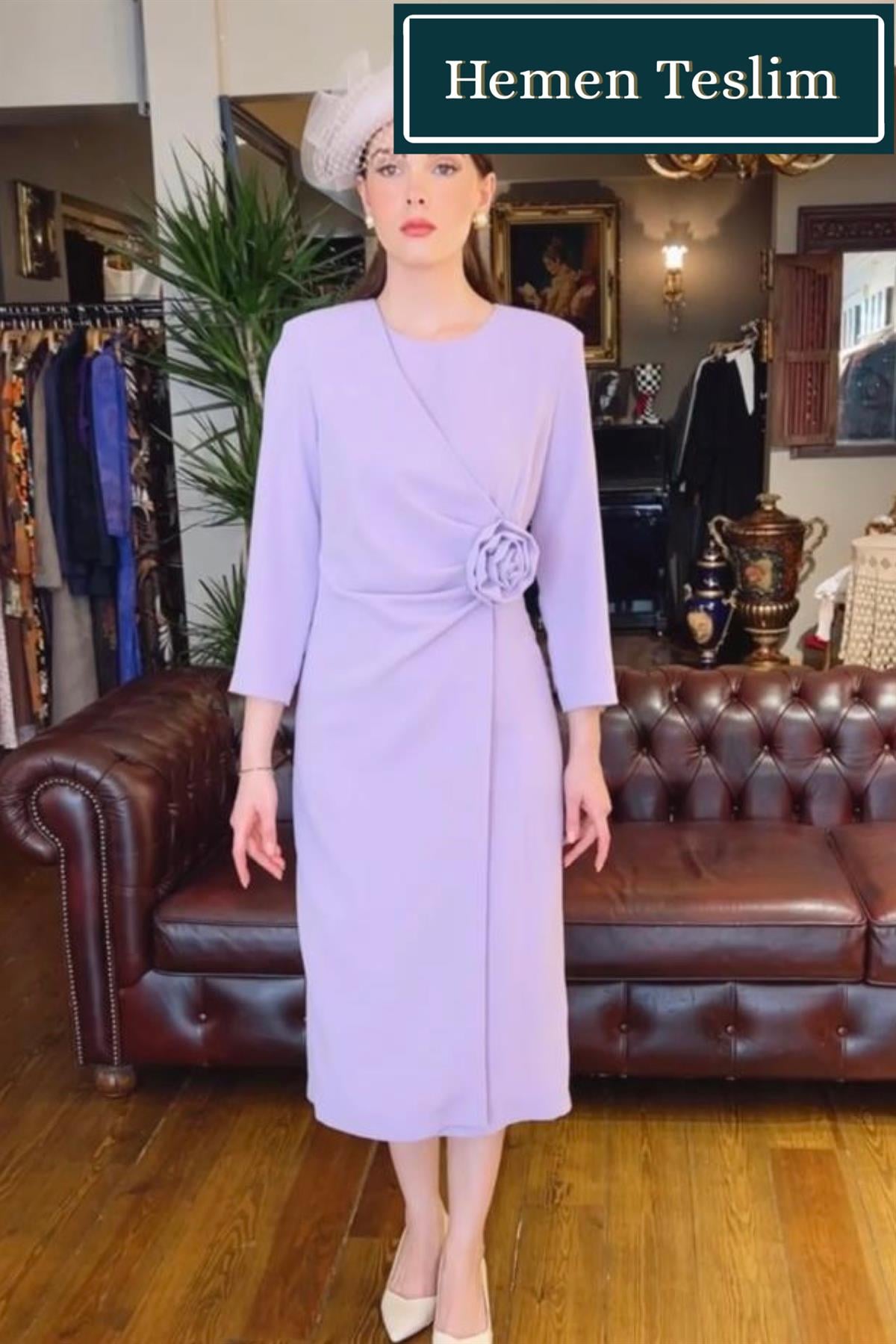 İtalyan Krep Lila Elbise