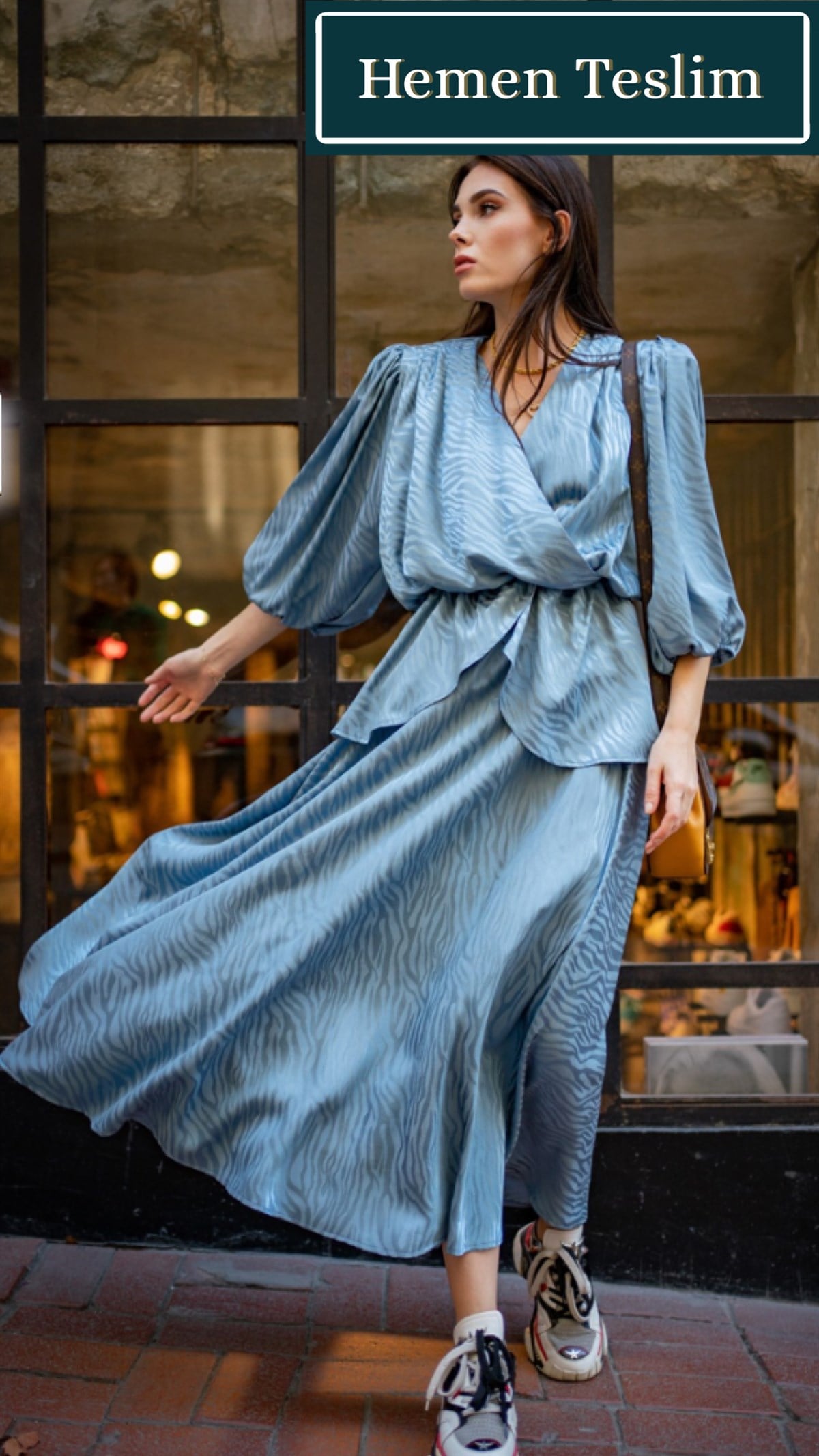 Mavi Jakarlı Peplum Takım