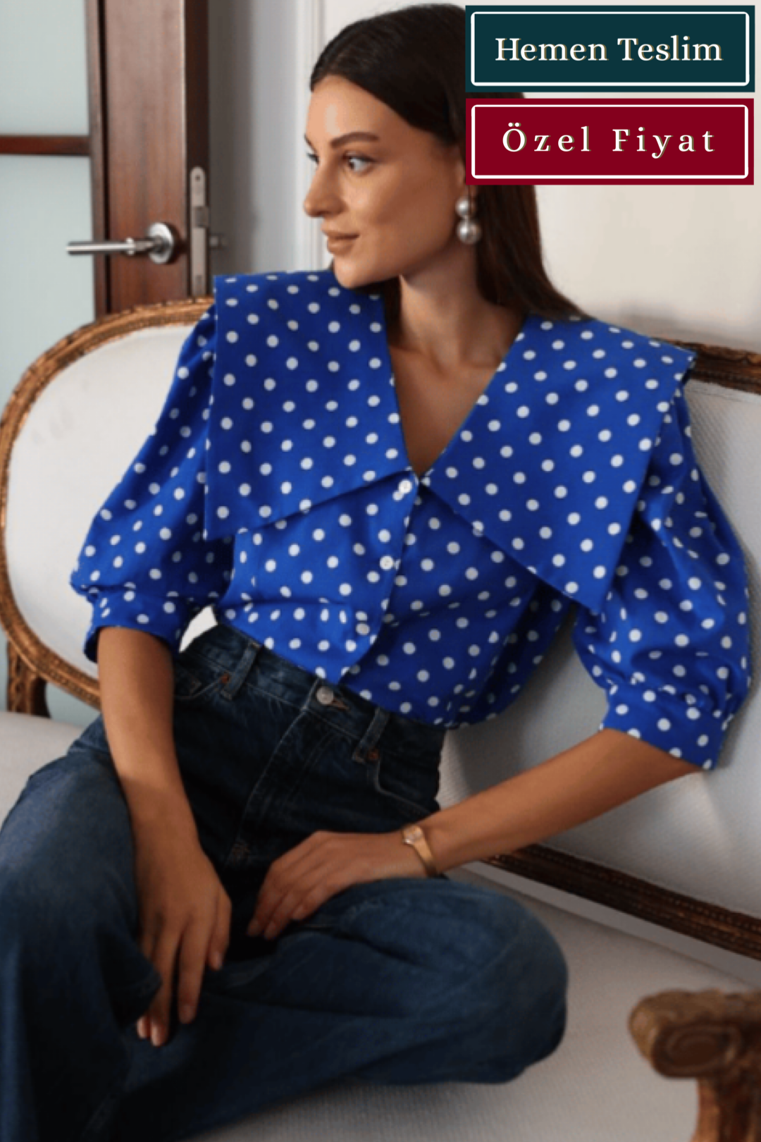 Mavi Puanlı Maxi Yaka 