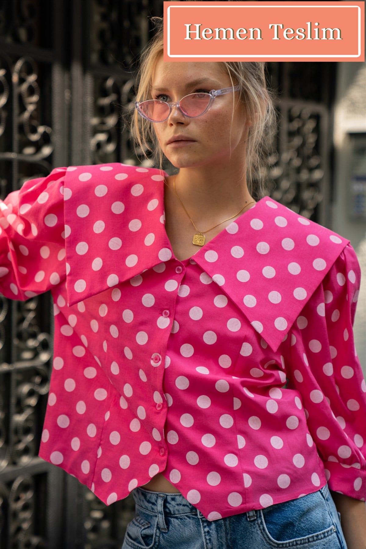 Pembe Puanlı Maxi Yaka