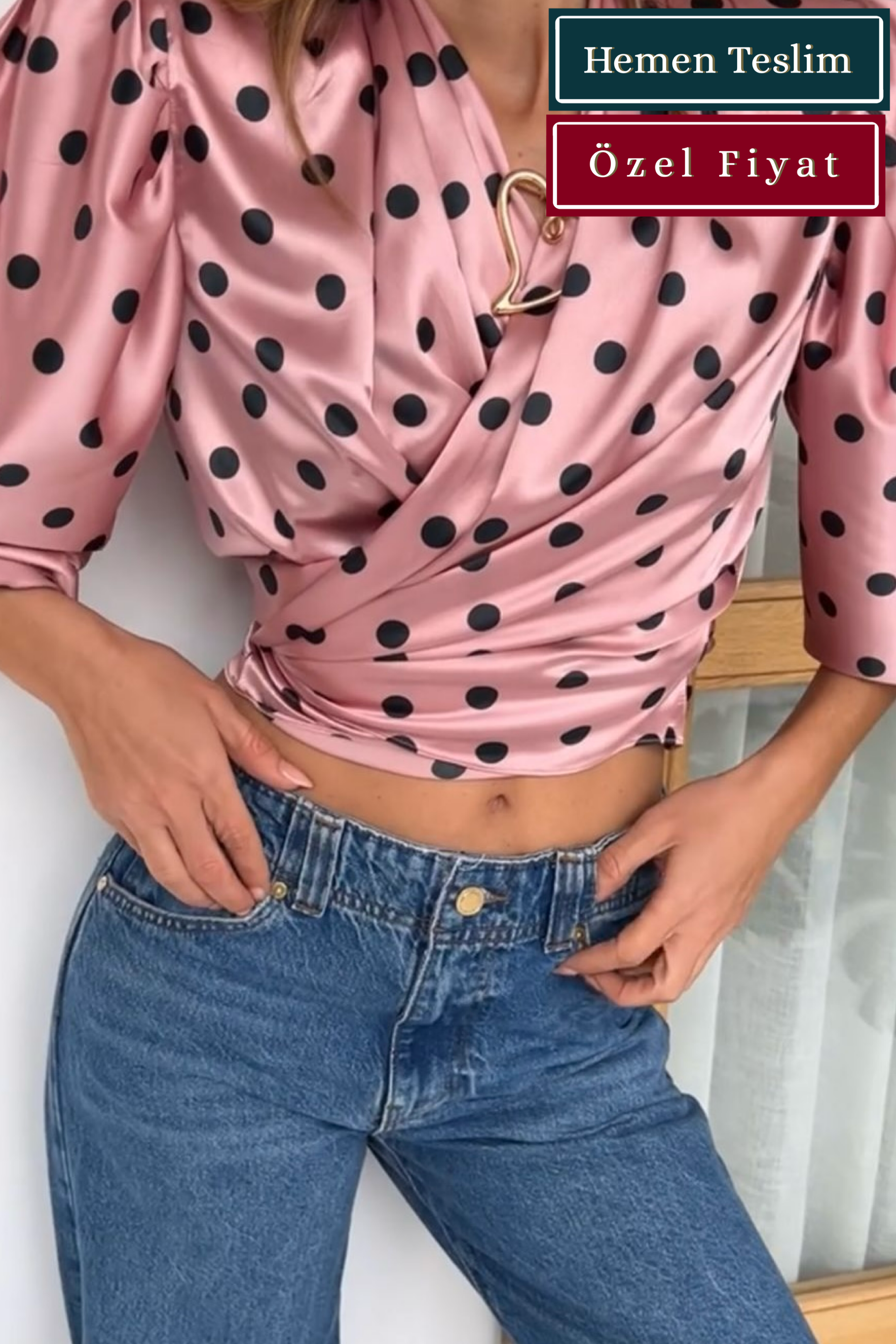 Reglan Vatkalı Pembe Puanlı Bluz