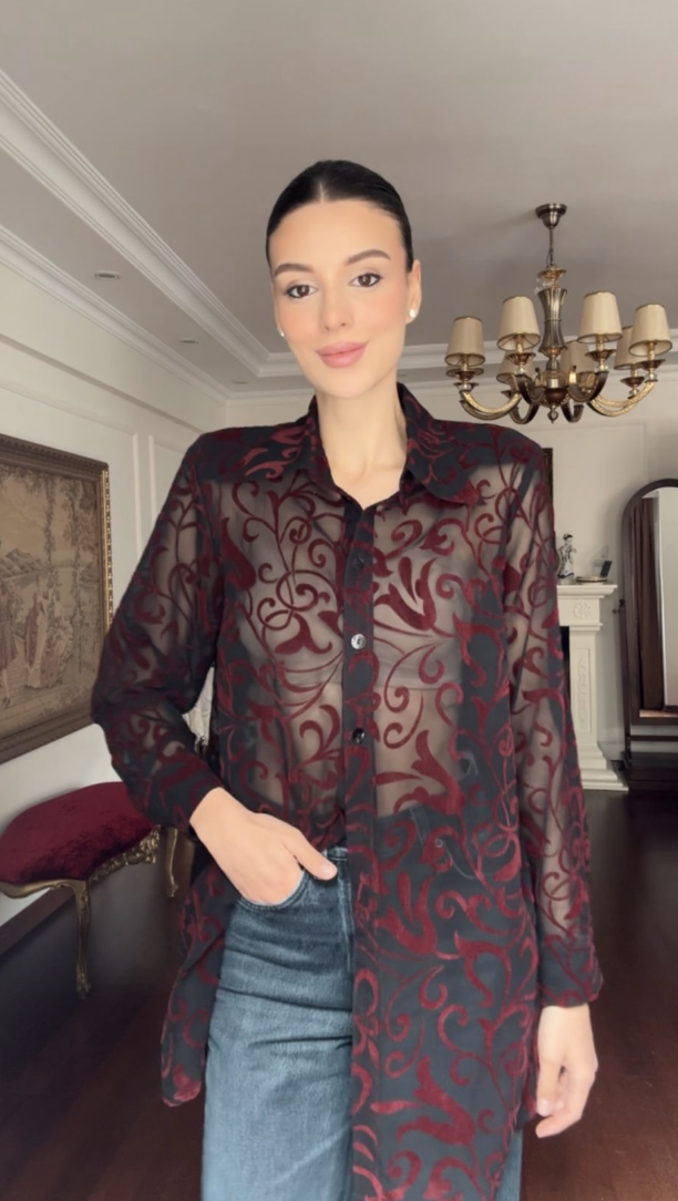 Vintage Devore Detaylı Şifon Gömlek