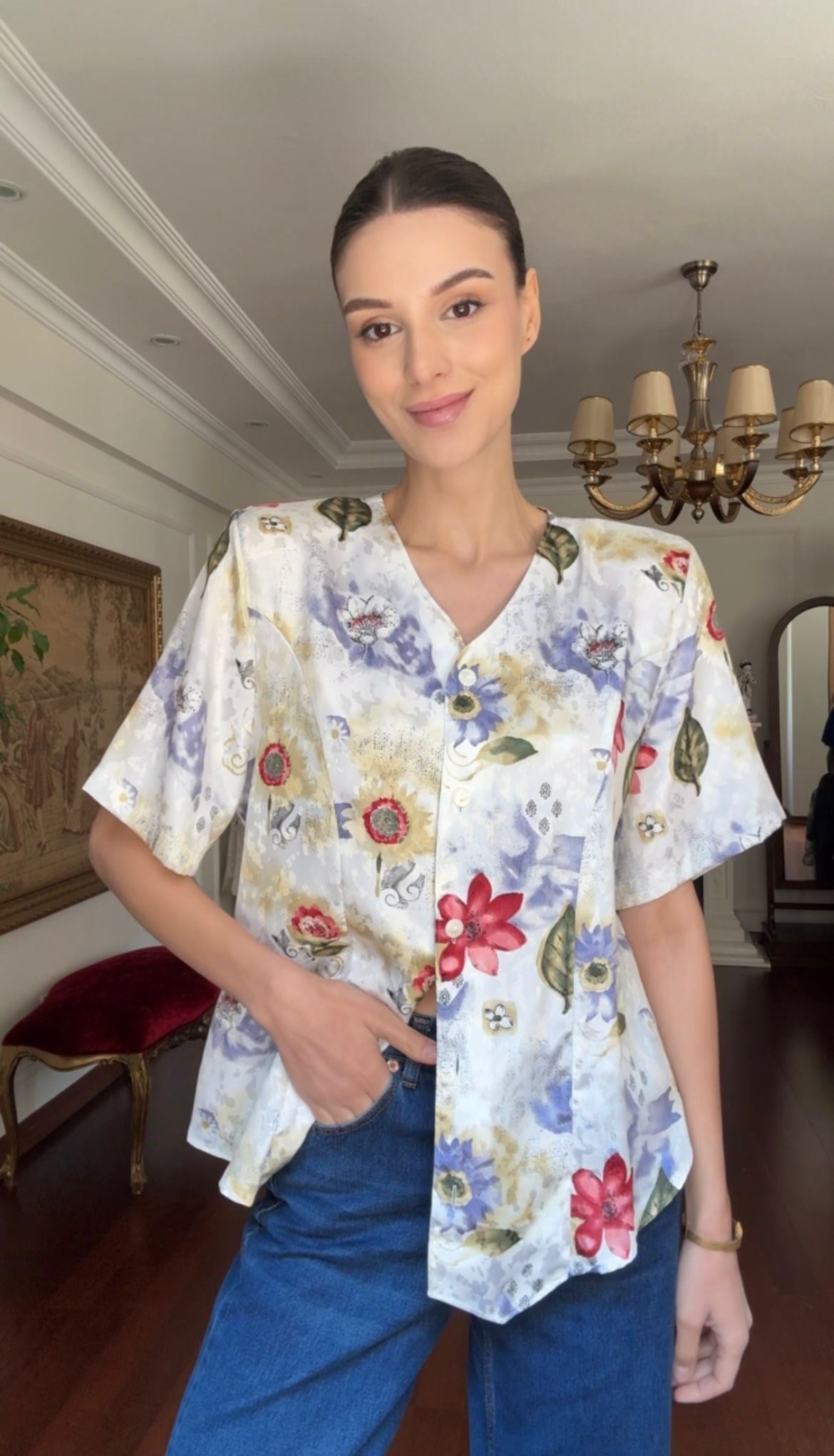 Vintage Floral Desenli Gömlek 