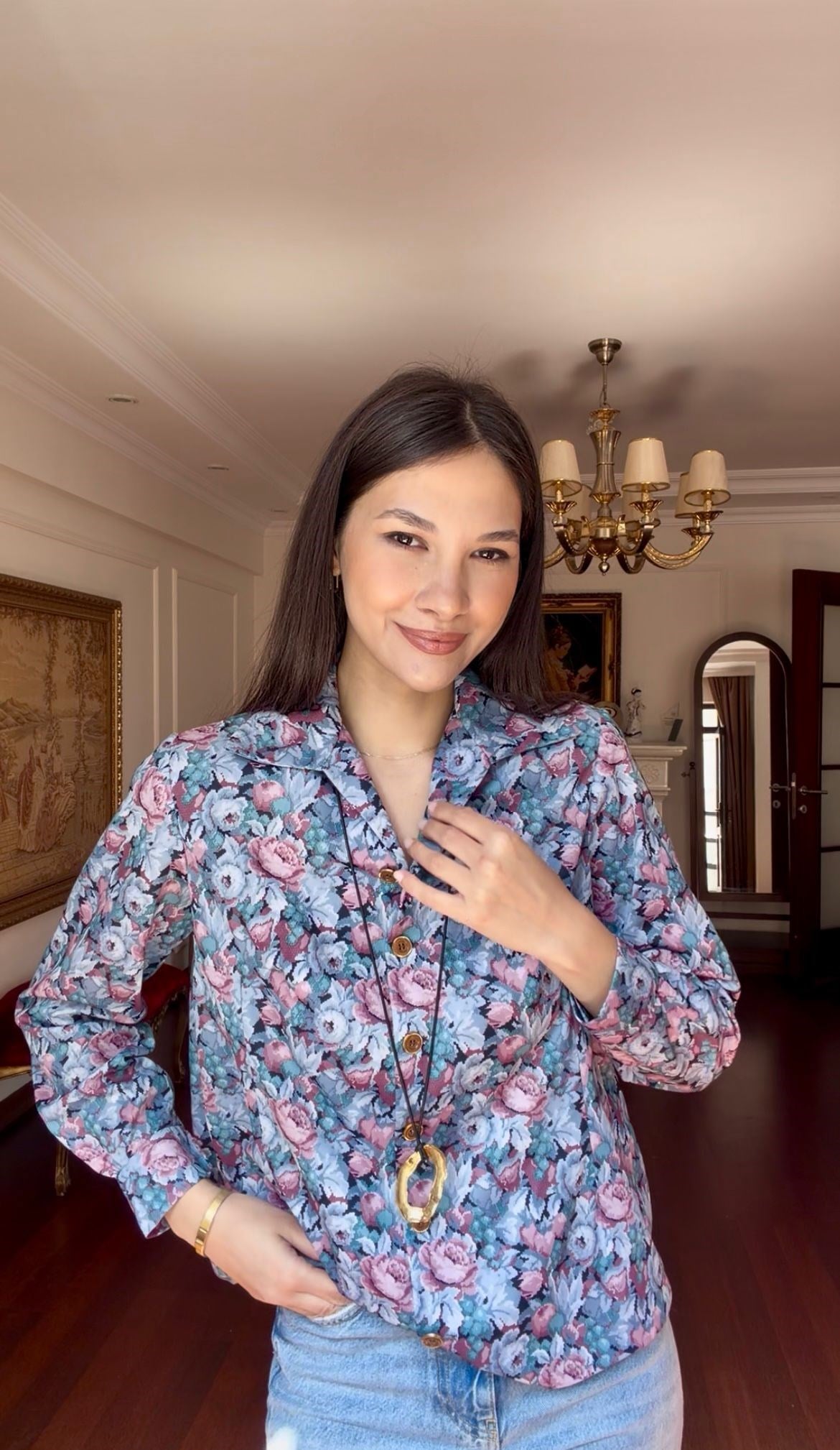 Vintage Floral Print Gömlek 