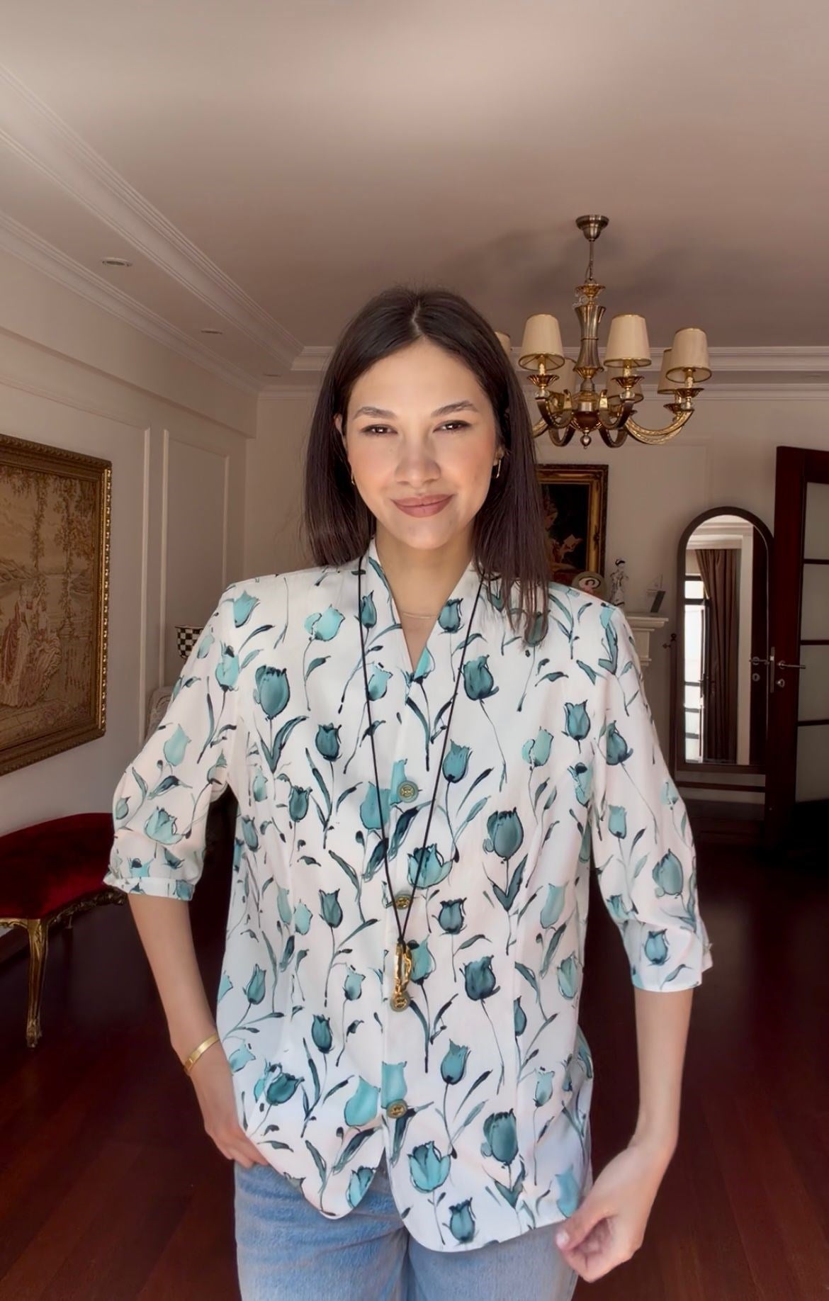 Vintage Lale Desenli  Gömlek 