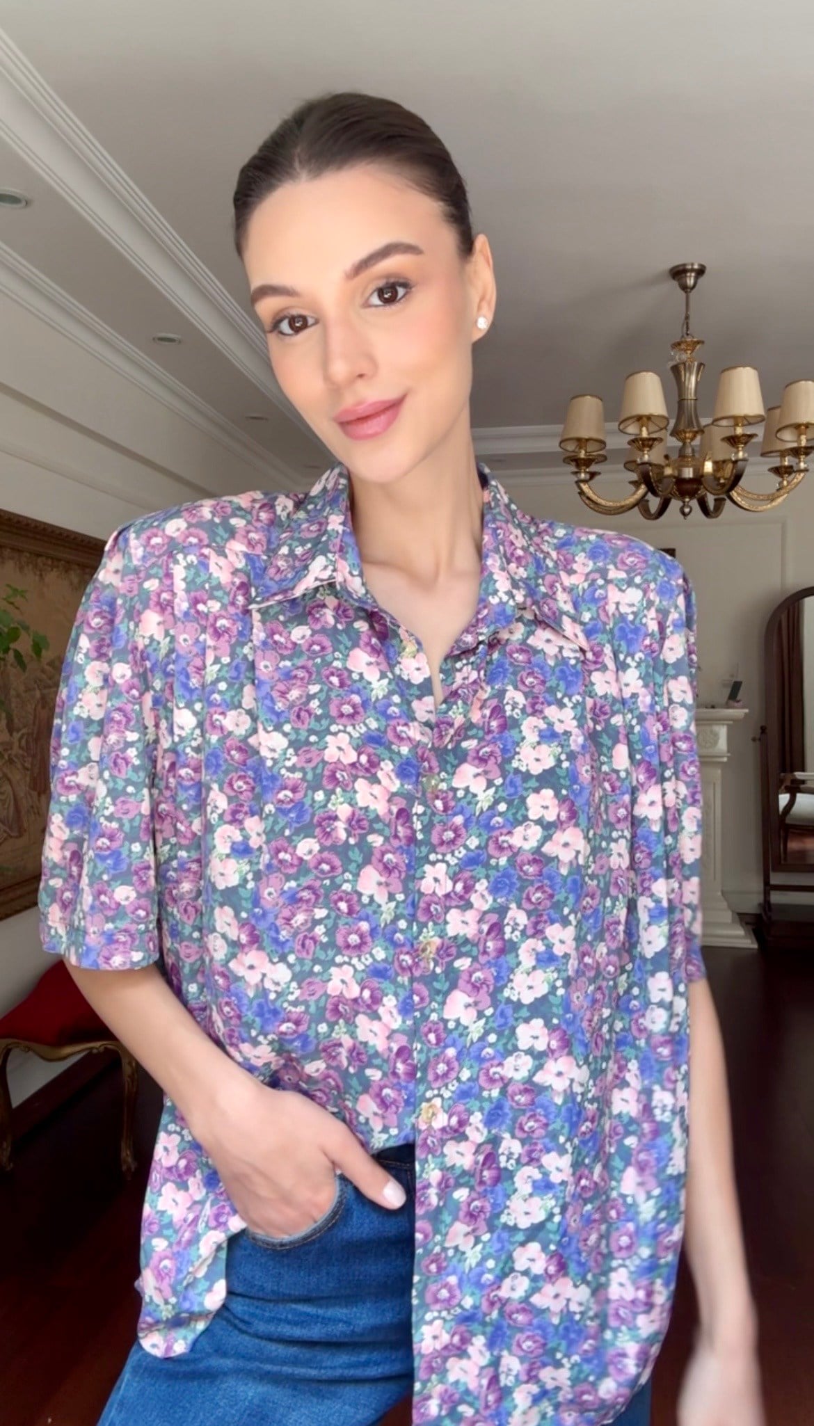 Vintage  Lila Çiçekli Gömlek 