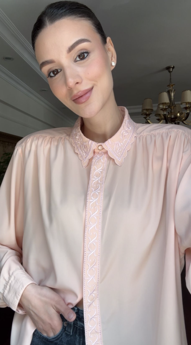 Vintage Nakış Detaylı Pembe Gömlek 