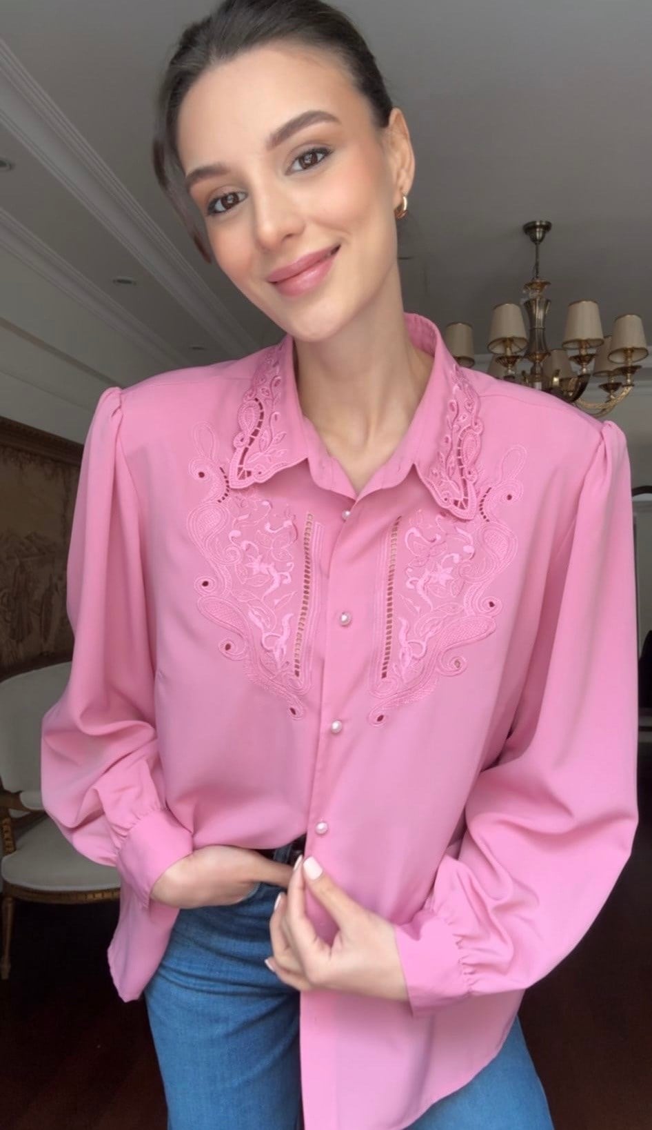 Vintage Nakış Detaylı Pembe Gömlek
