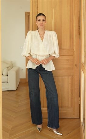 Dokulu Ekru Peplum Bluz *özel kumaş*