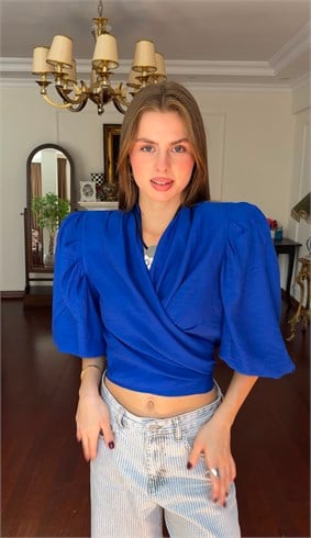 Reglan Vatkalı Saks Mavisi Bluz