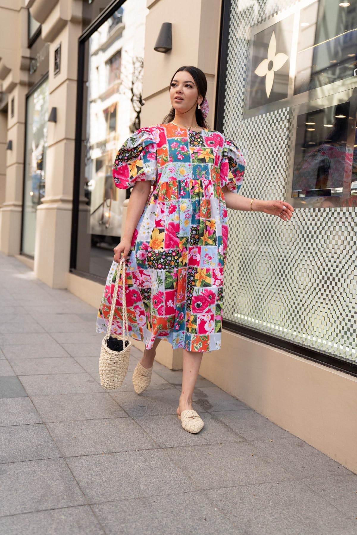 Balon Kol Patchwork Elbise Midi
