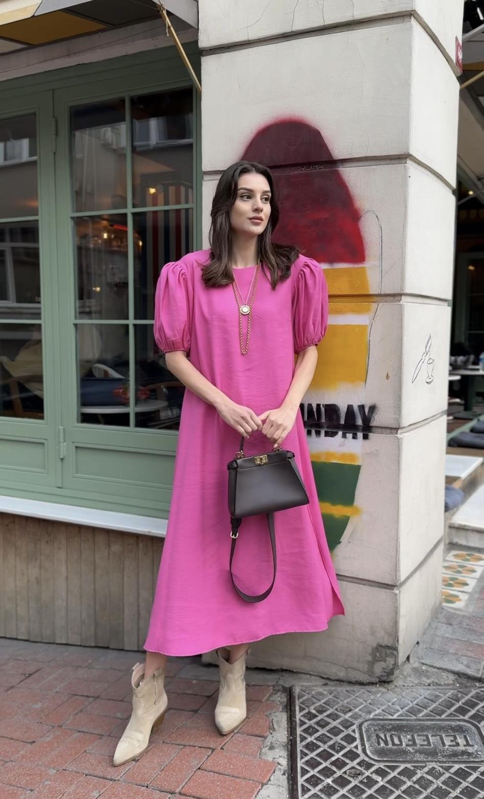 Balon Kol Pembe Elbise