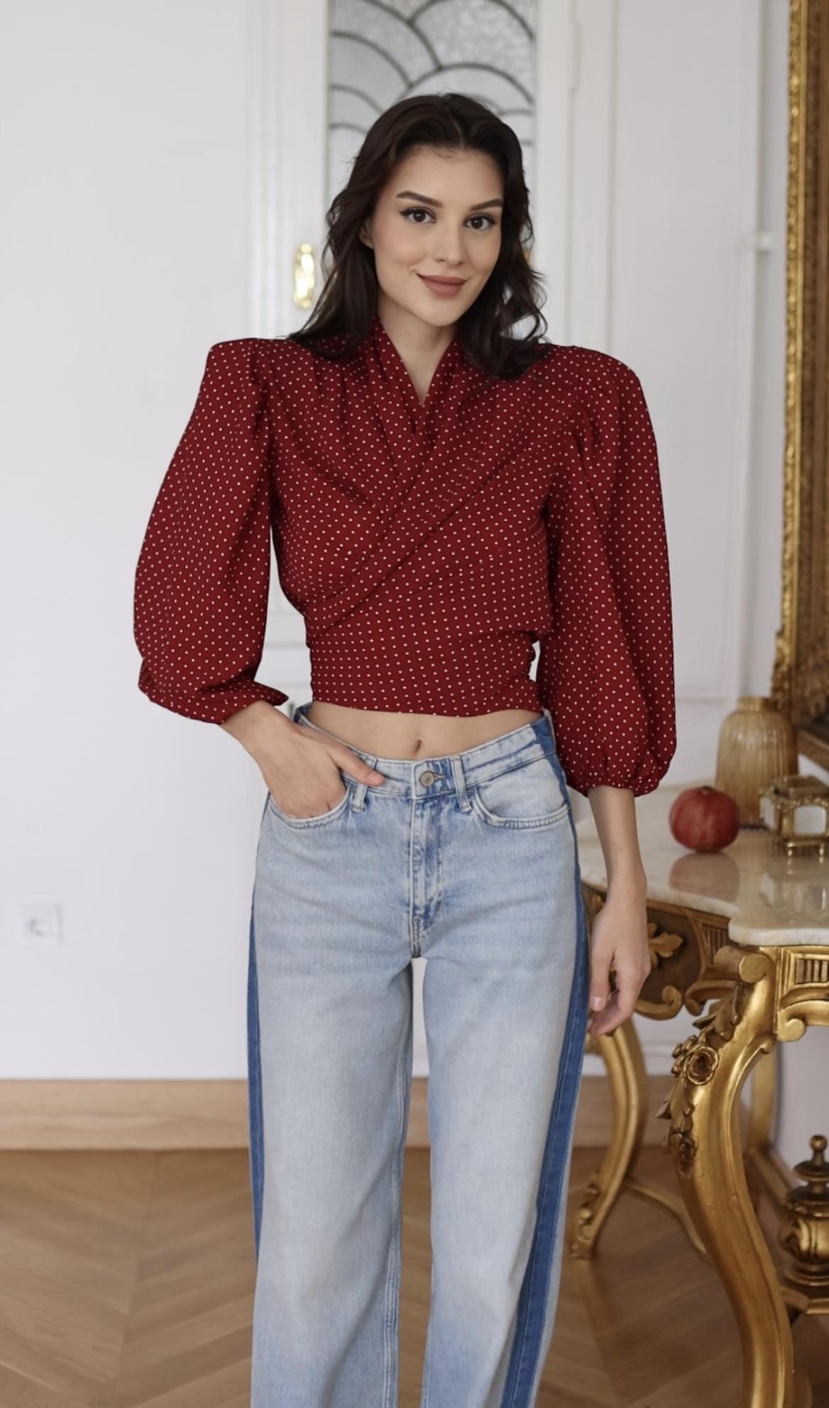 Puanlı Reglan Vatkalı Bluz