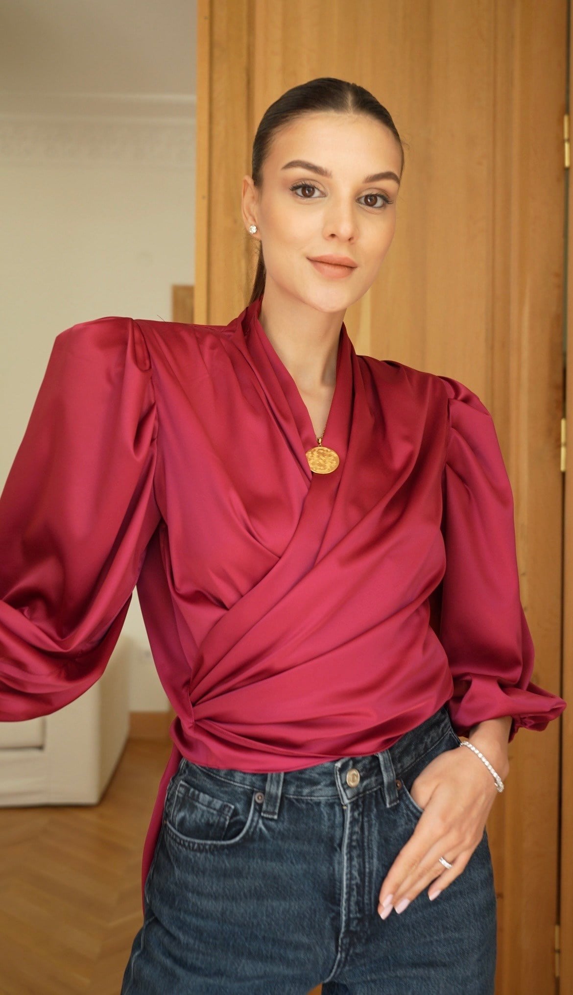 Reglan Vatkalı Bluz İpekli Bordo