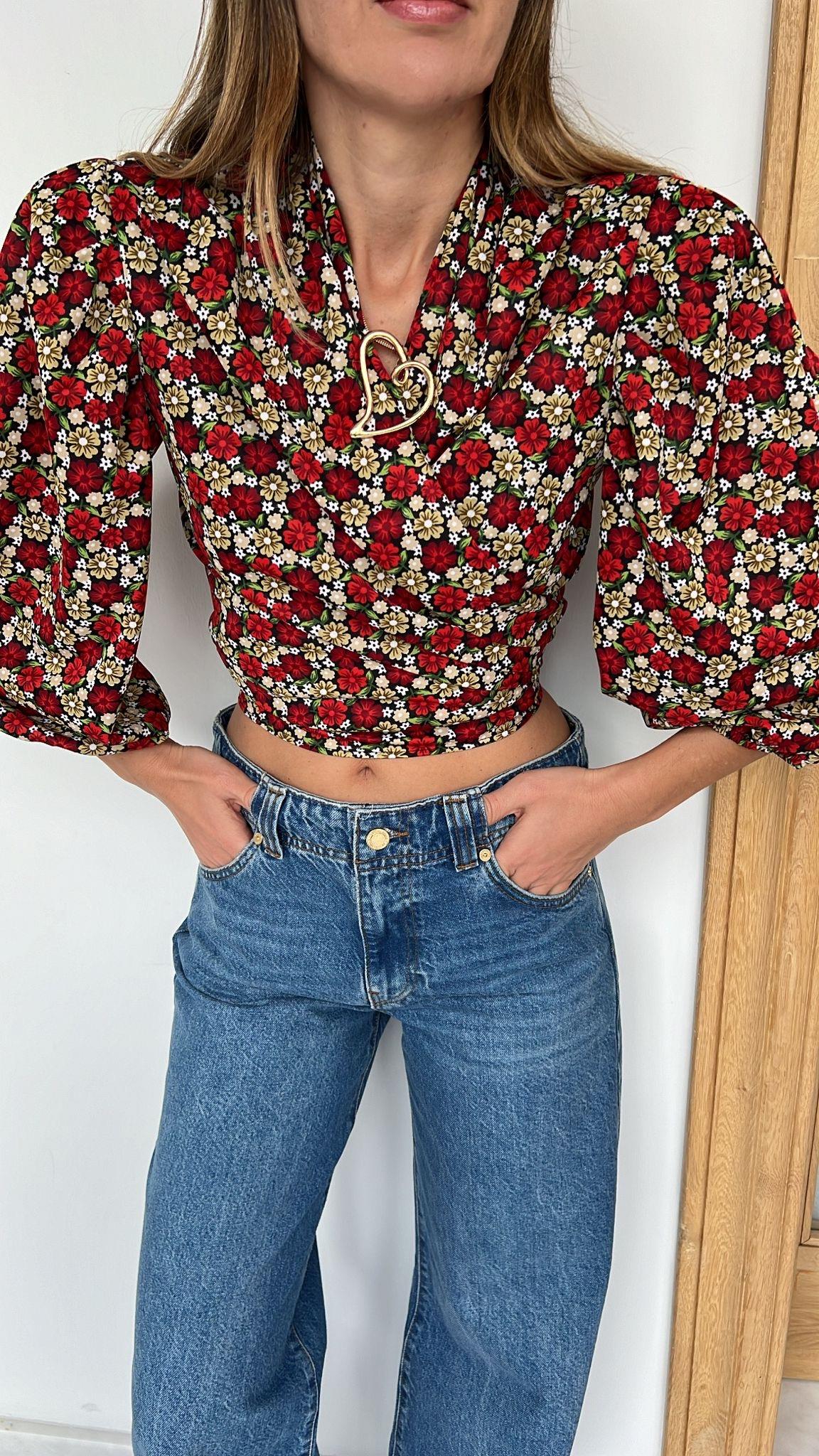 Reglan Vatkalı Çiçekli Bluz