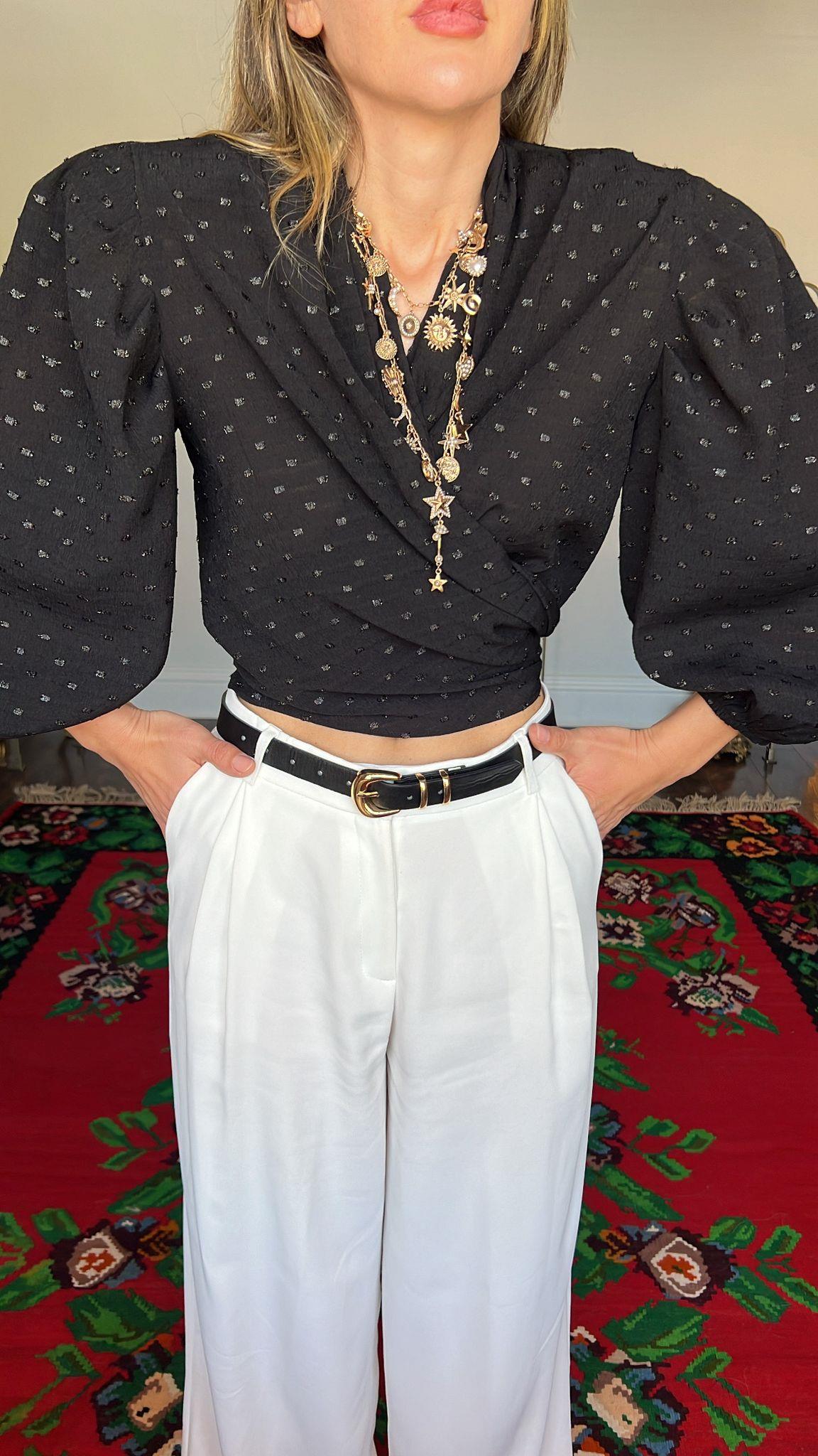 Reglan Vatkalı Işıltılı Siyah Bluz