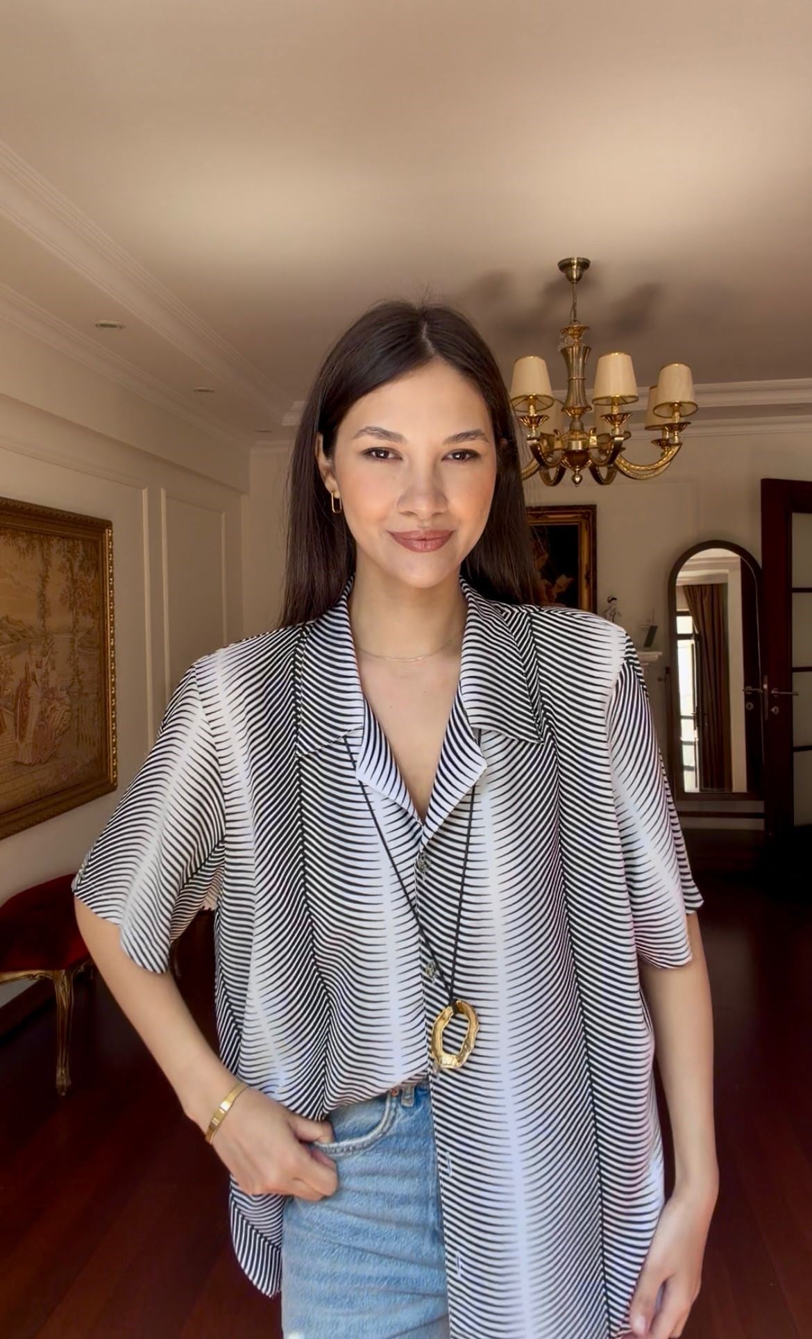 Vintage Anregular çizgi Desenli Gömlek 