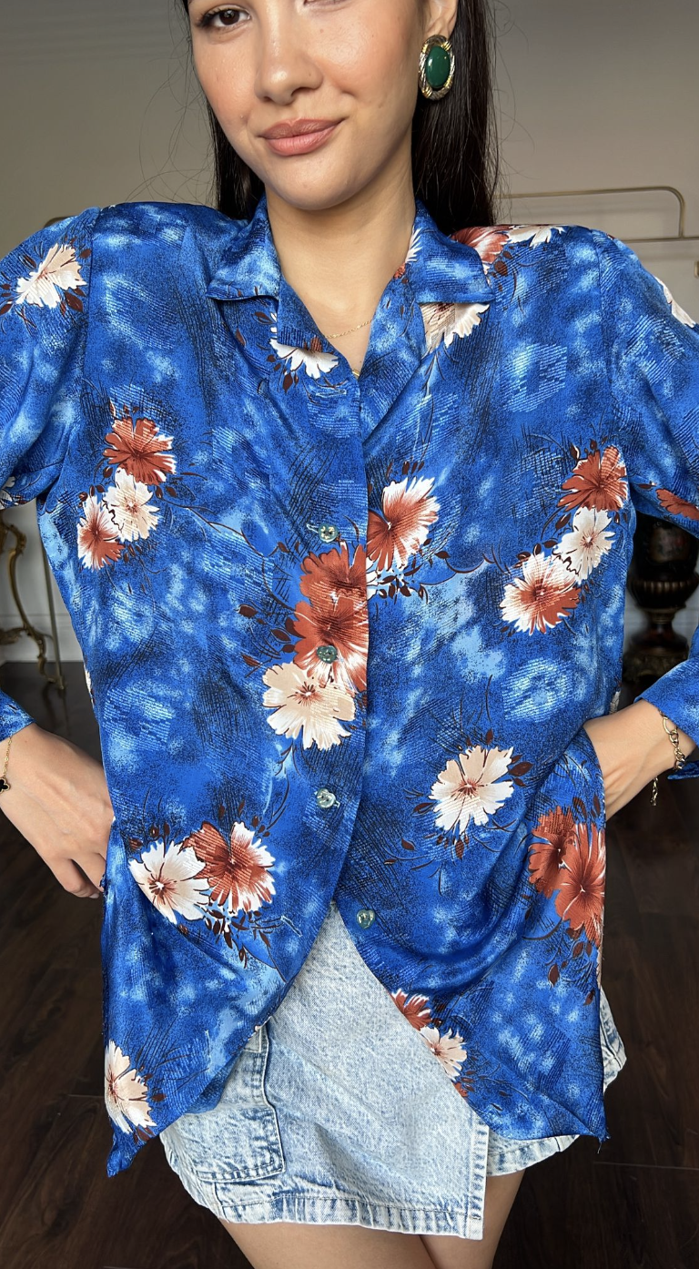 Vintage Cobalt Mavi Floral Gömlek