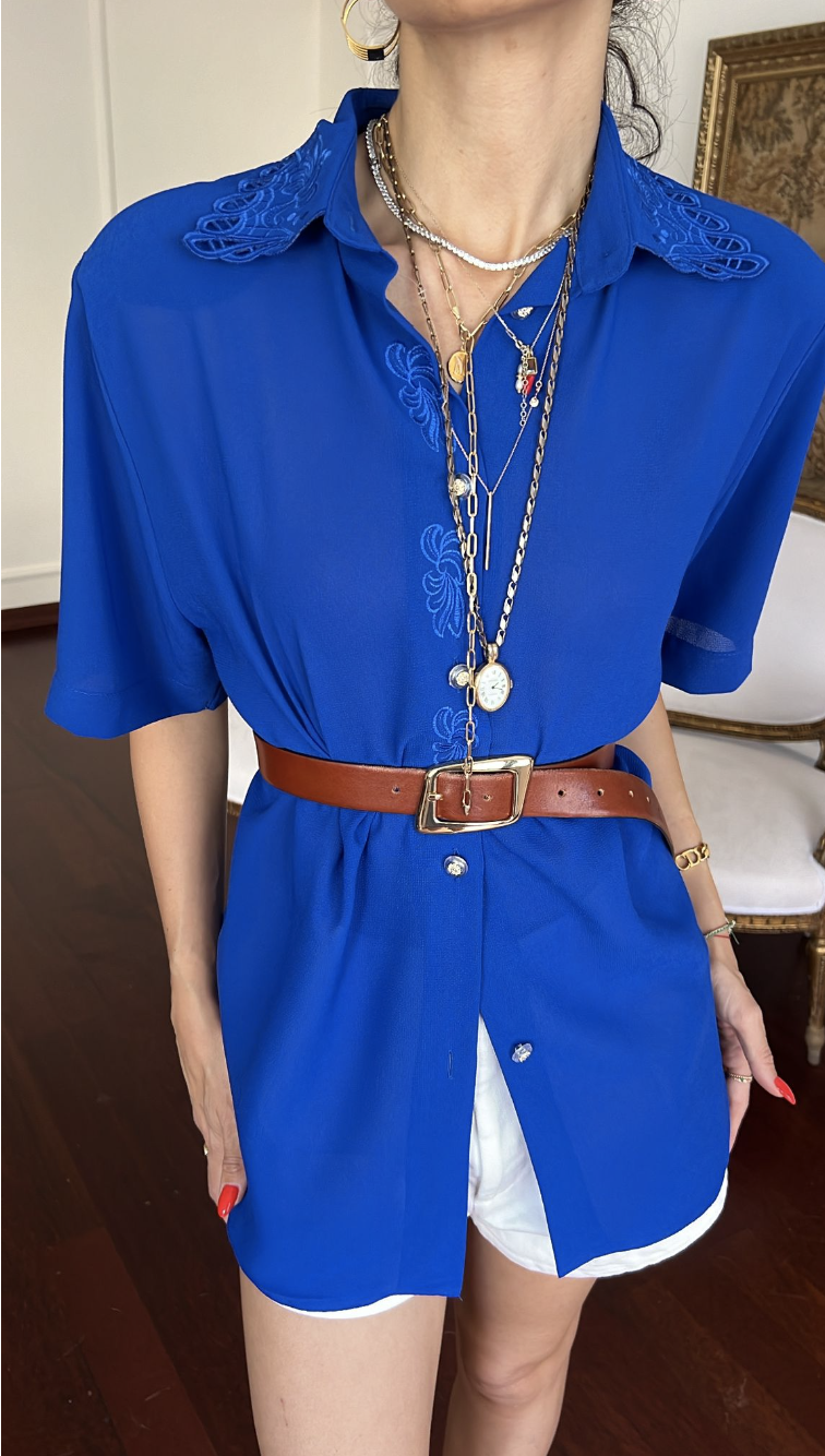 Vintage Cobalt Rengi Nakışlı Gömlek