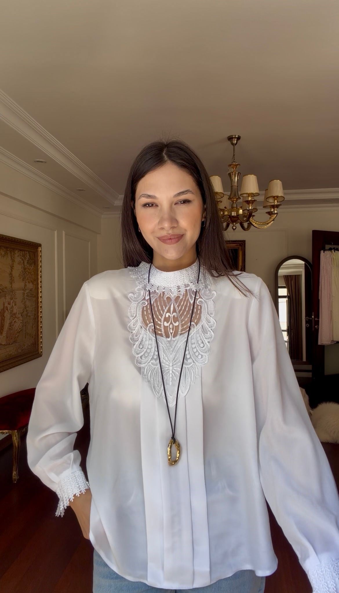 Vintage Dantel  Detaylı  Beyaz Gömlek 