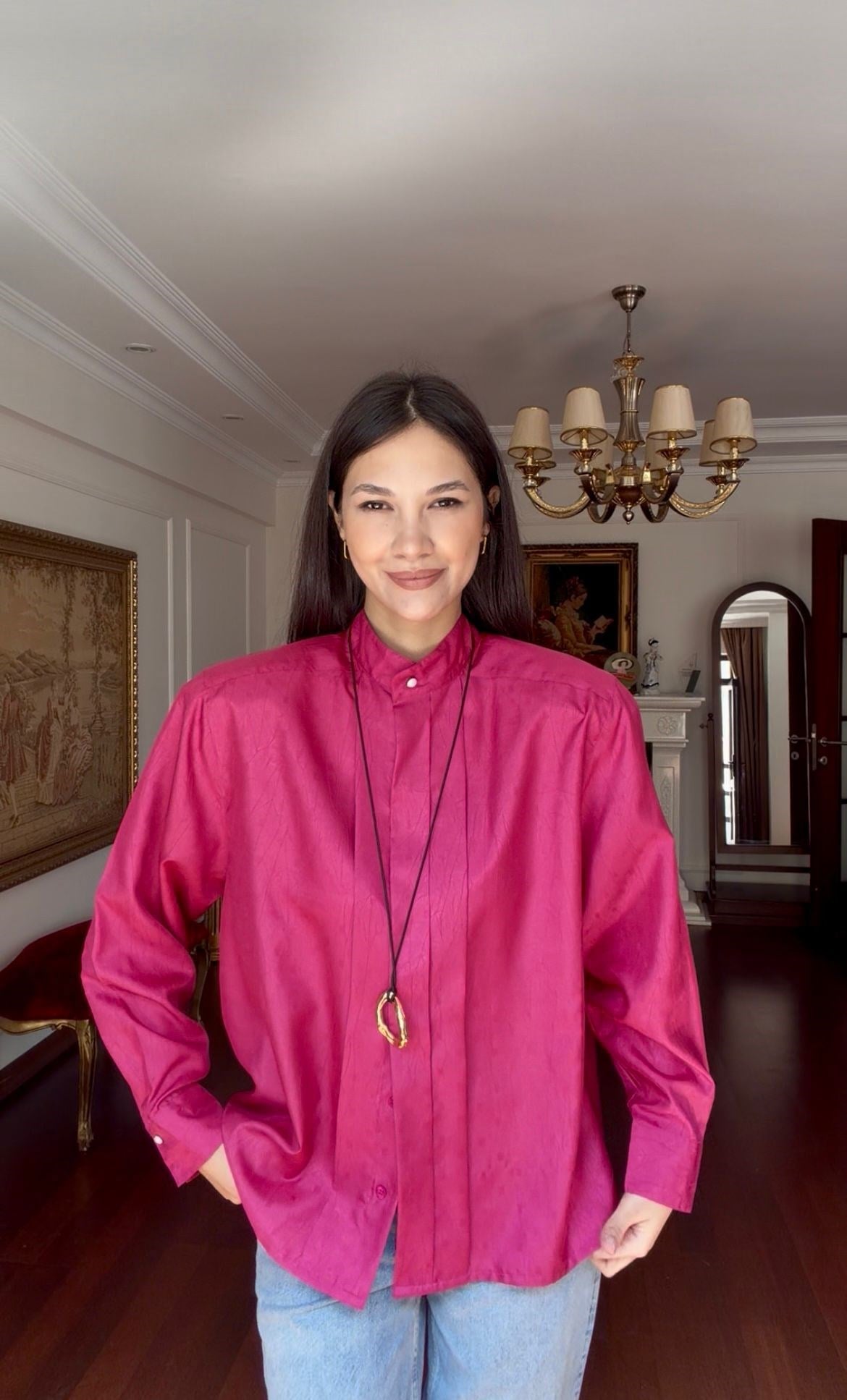 Vintage Dokulu Pembe Gömlek 