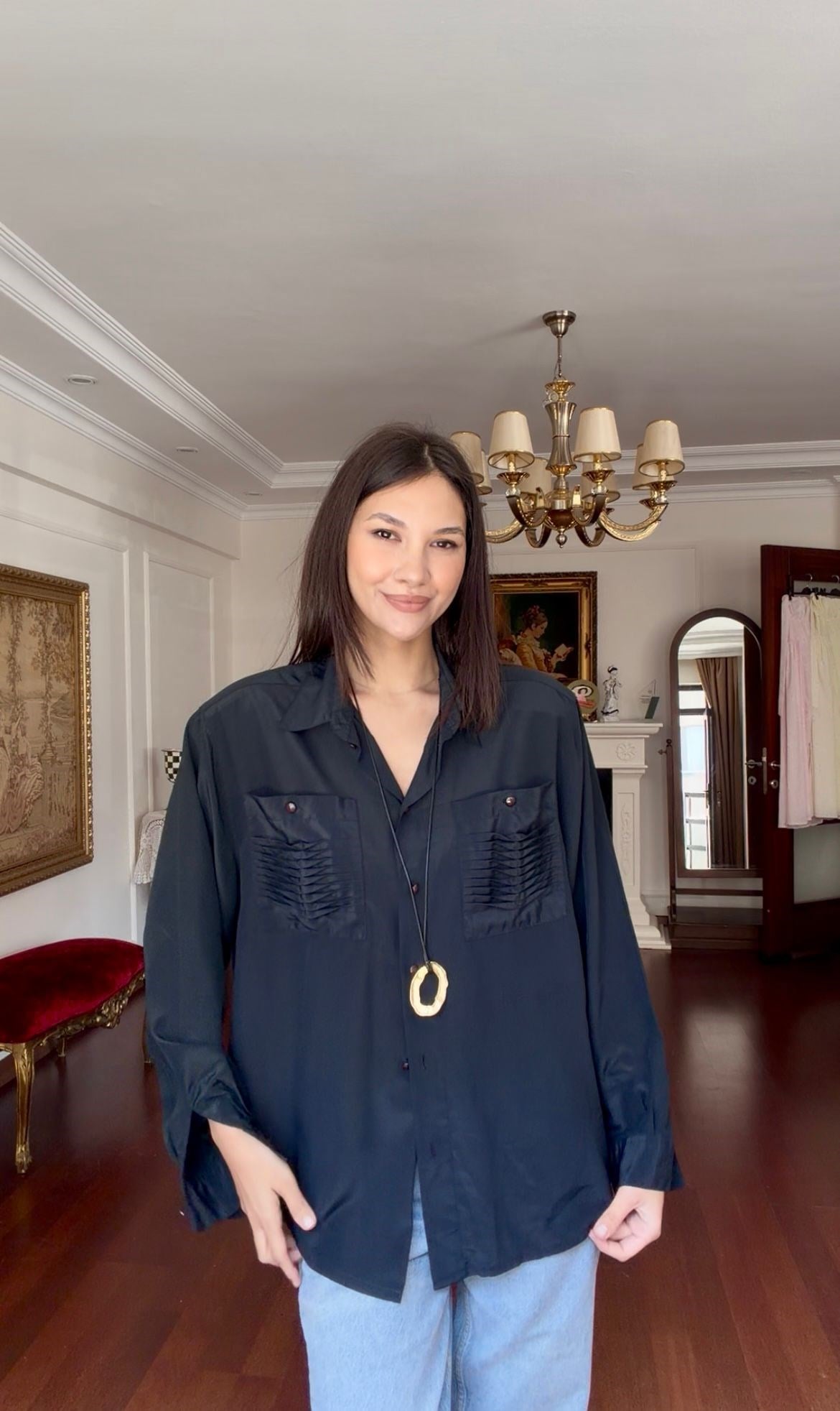 Vintage Drape Cepli Siyah Gömlek 