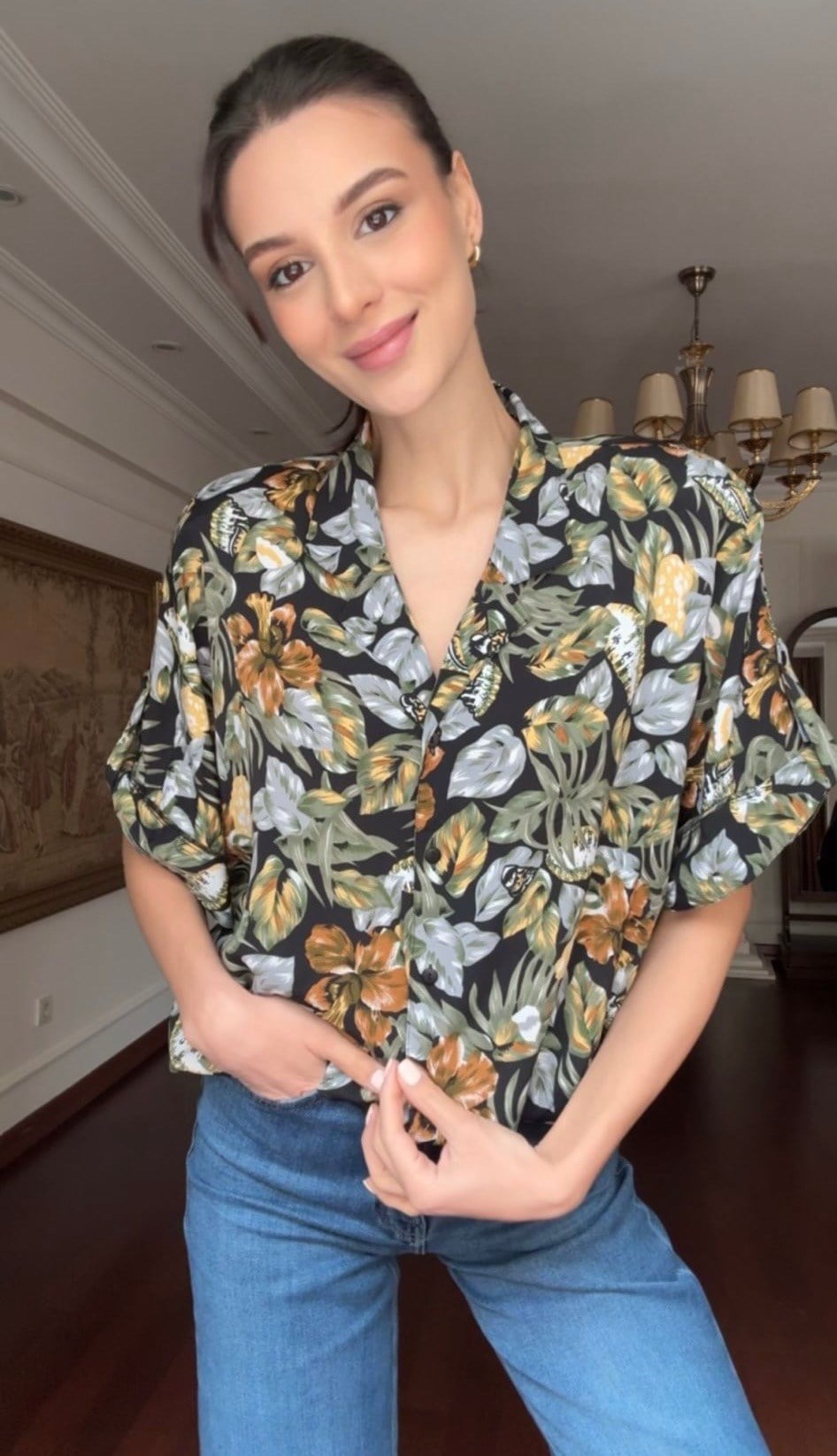 Vintage Floral Desenli Kısa Kollu Gömlek