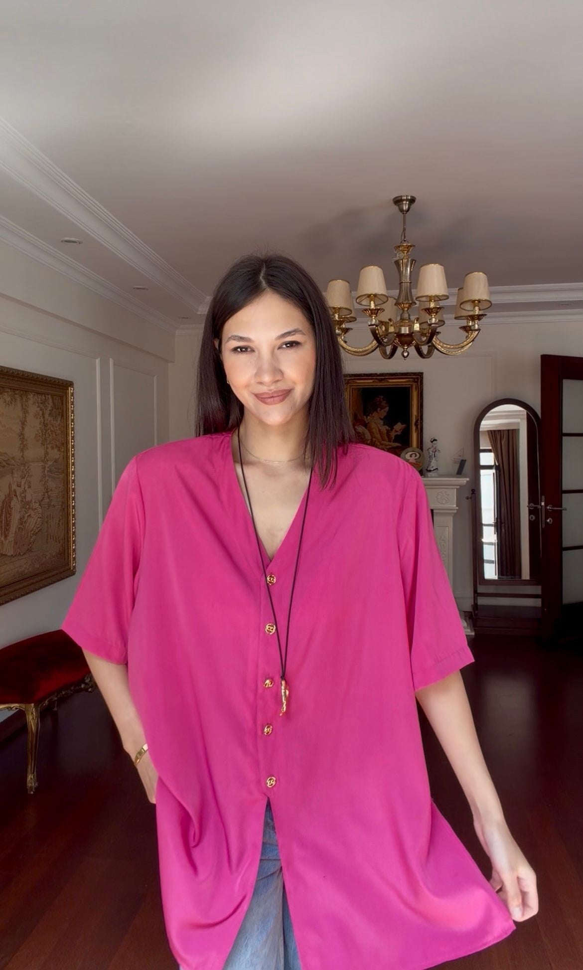 Vintage Gold Düğmeli Pembe Gömlek 