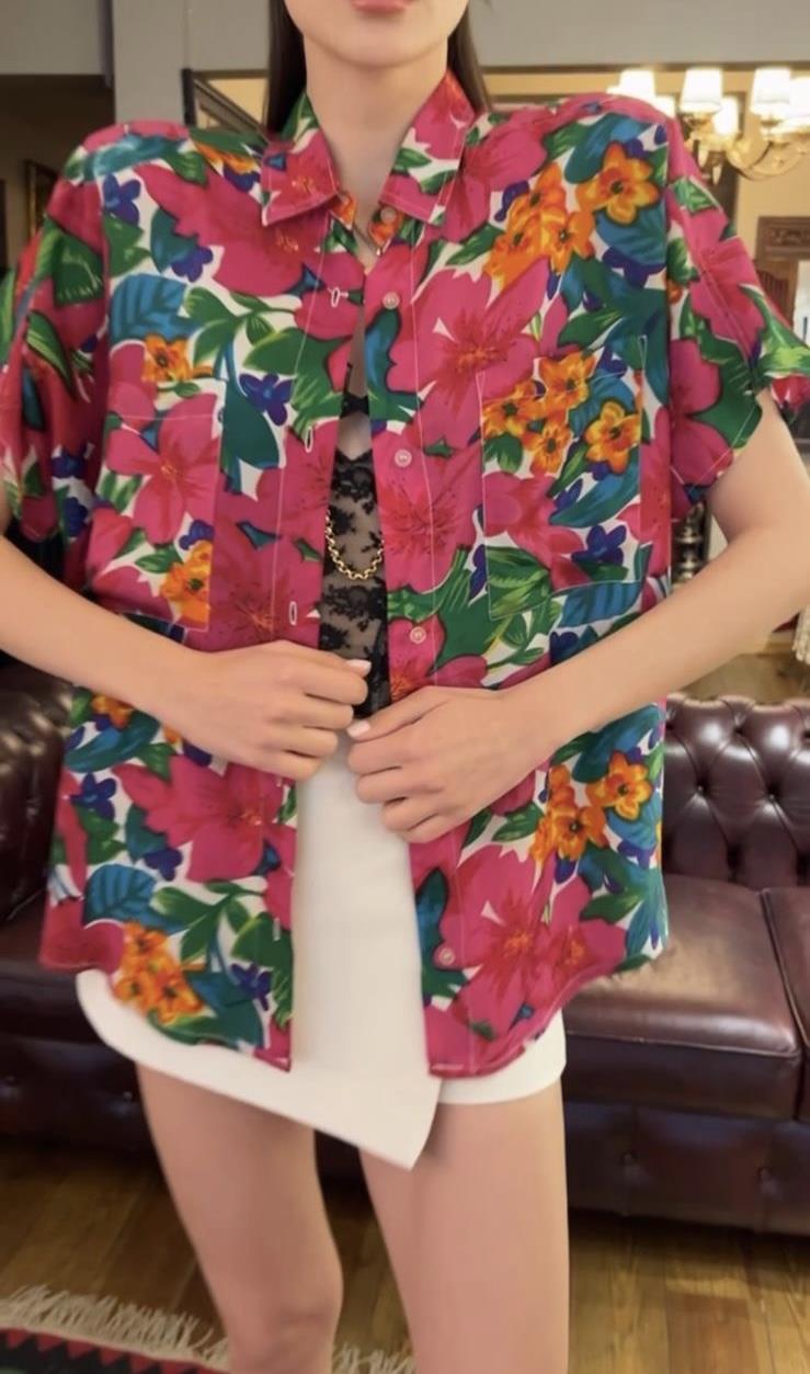 Vintage İpek Çiçek Desenli Gömlek