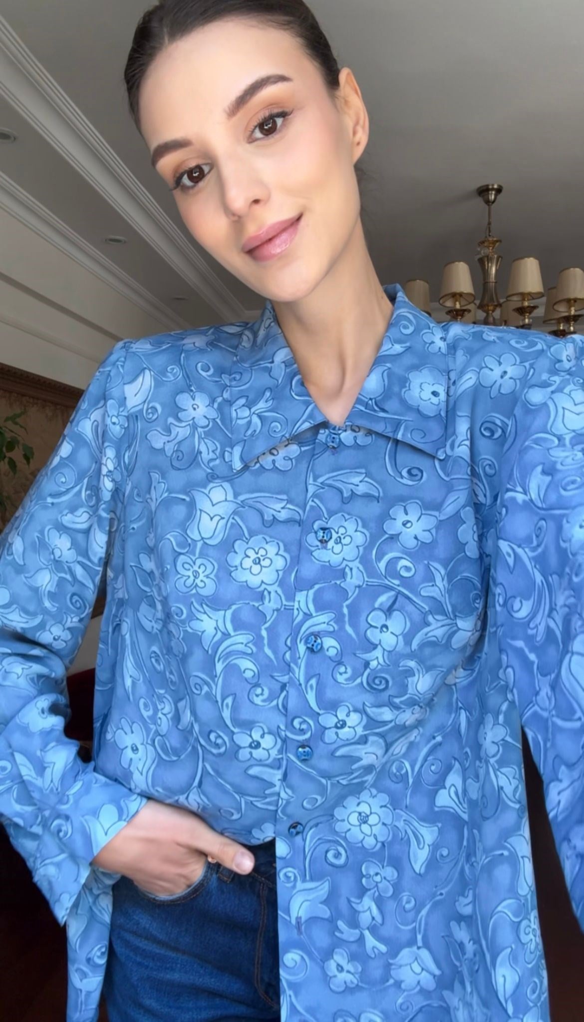 Vintage Mavi Floral Gömlek 