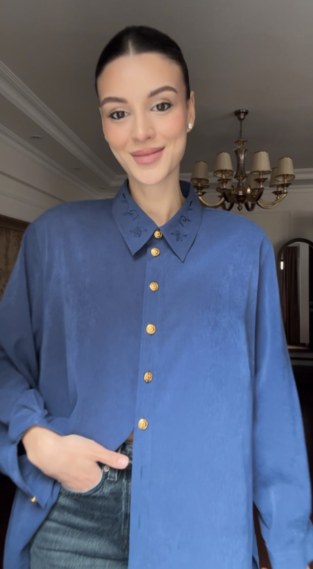 Vintage Nakış Detaylı Mavi Gömlek