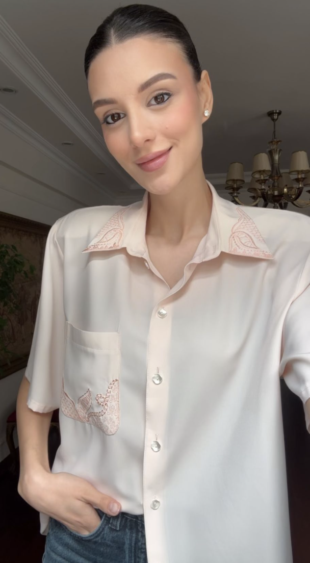 Vintage Nakış Detaylı Pembe Gömlek 