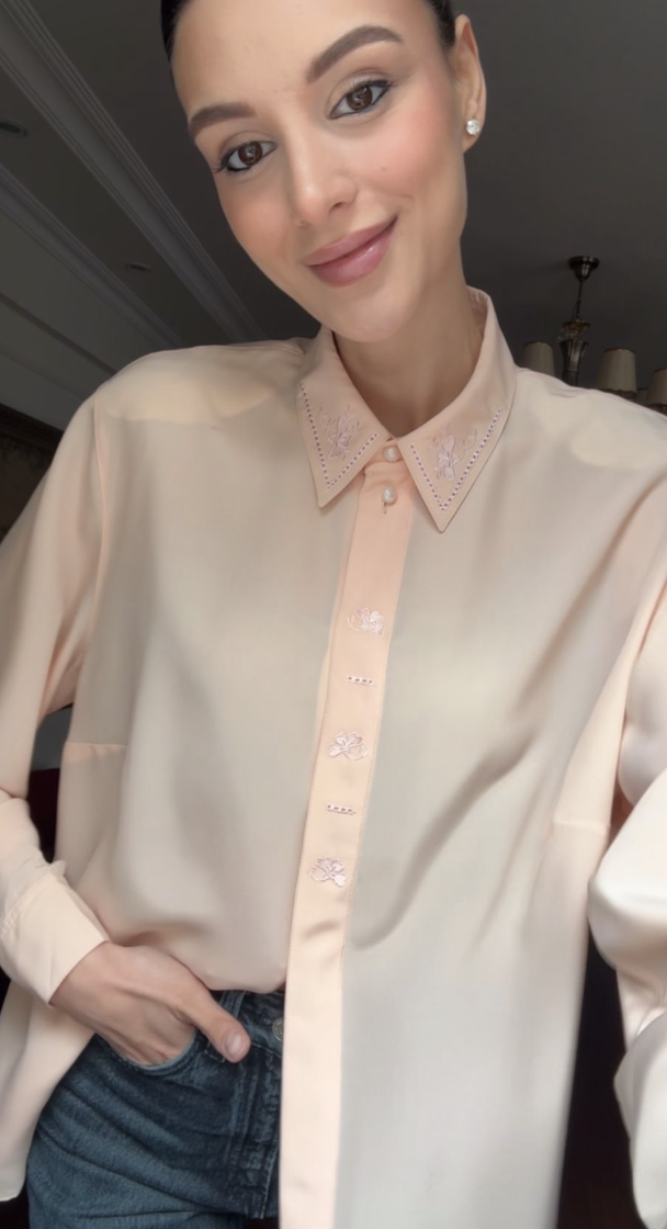 Vintage Nakış Detaylı Toz Pembe Gömlek