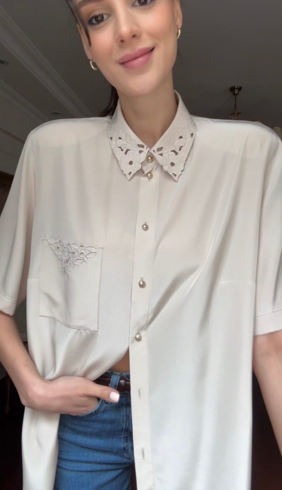 Vintage Nakış ve Cep Detaylı Gömlek