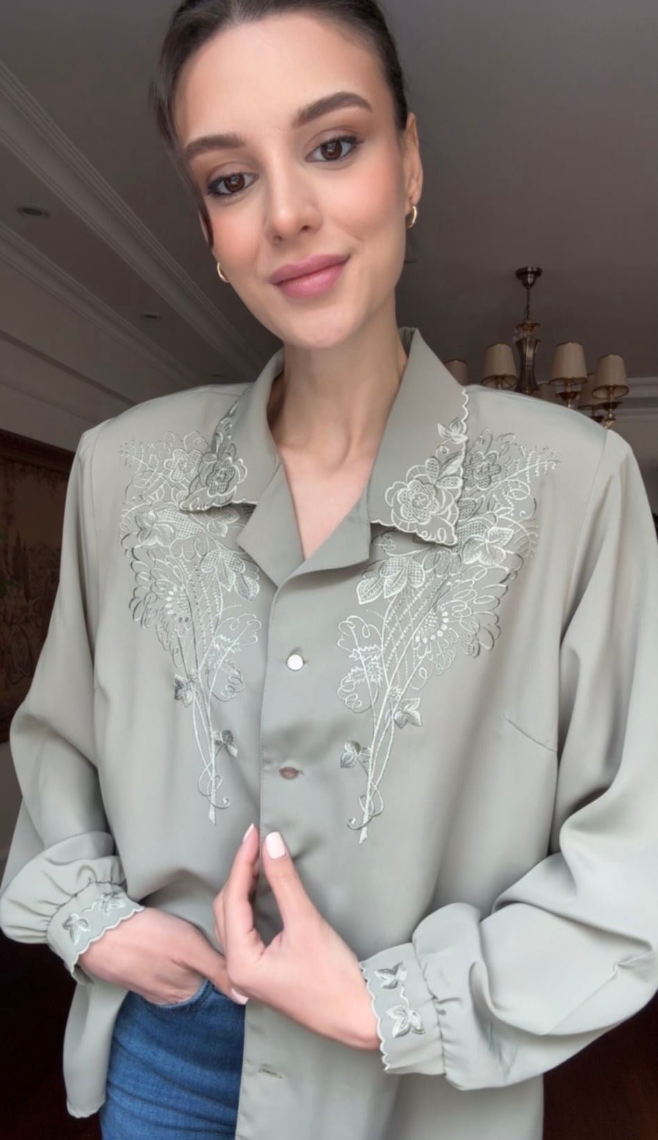 Vintage Nakışlı Antrasit Gömlek