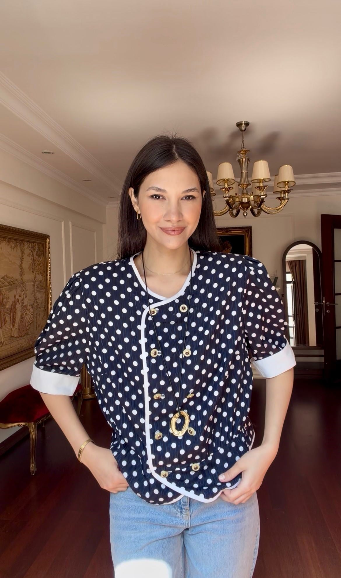 Vintage Puanlı Kruvaze Gömlek 