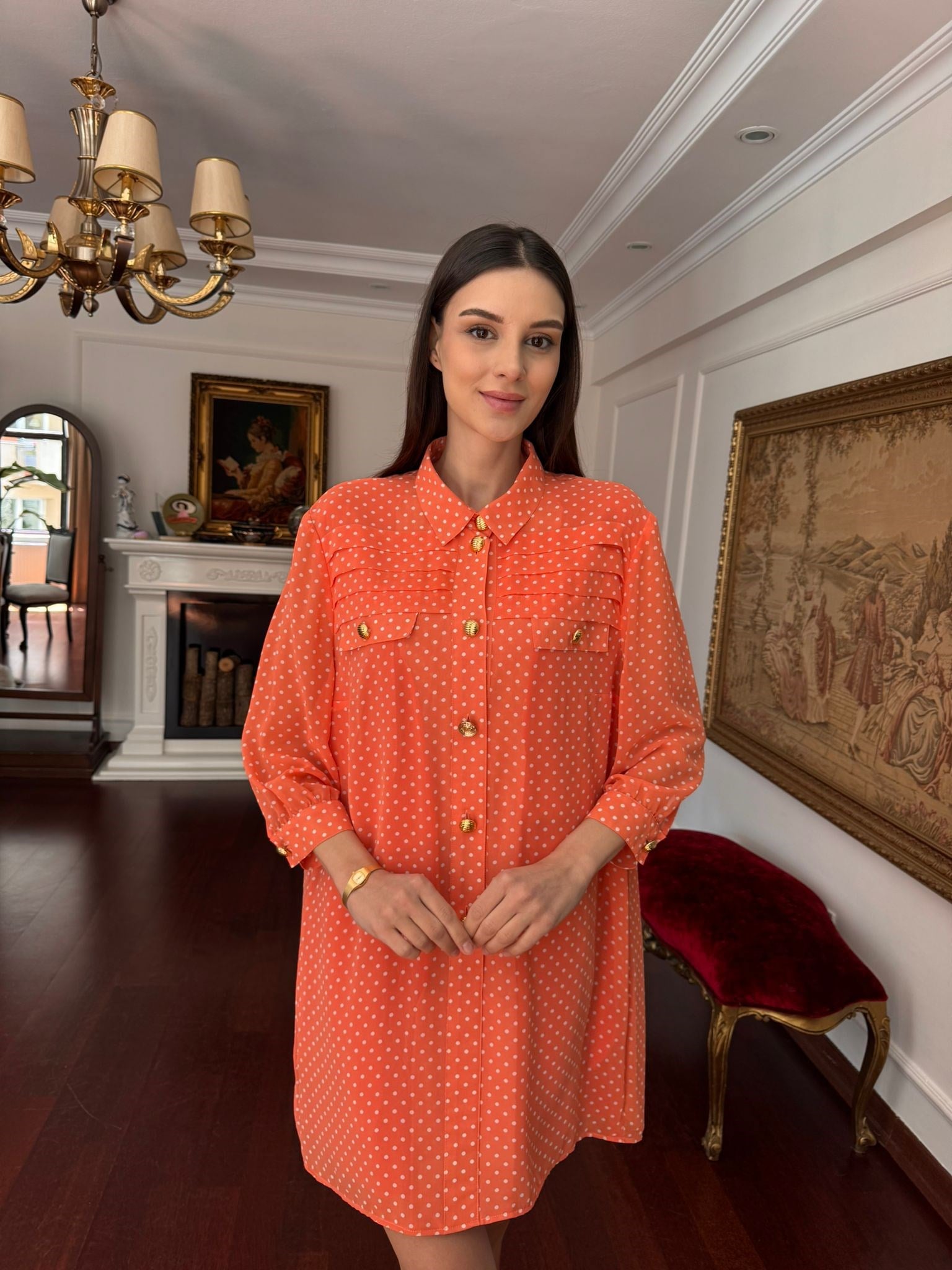 Vintage Puanlı Turuncu  Gömlek 