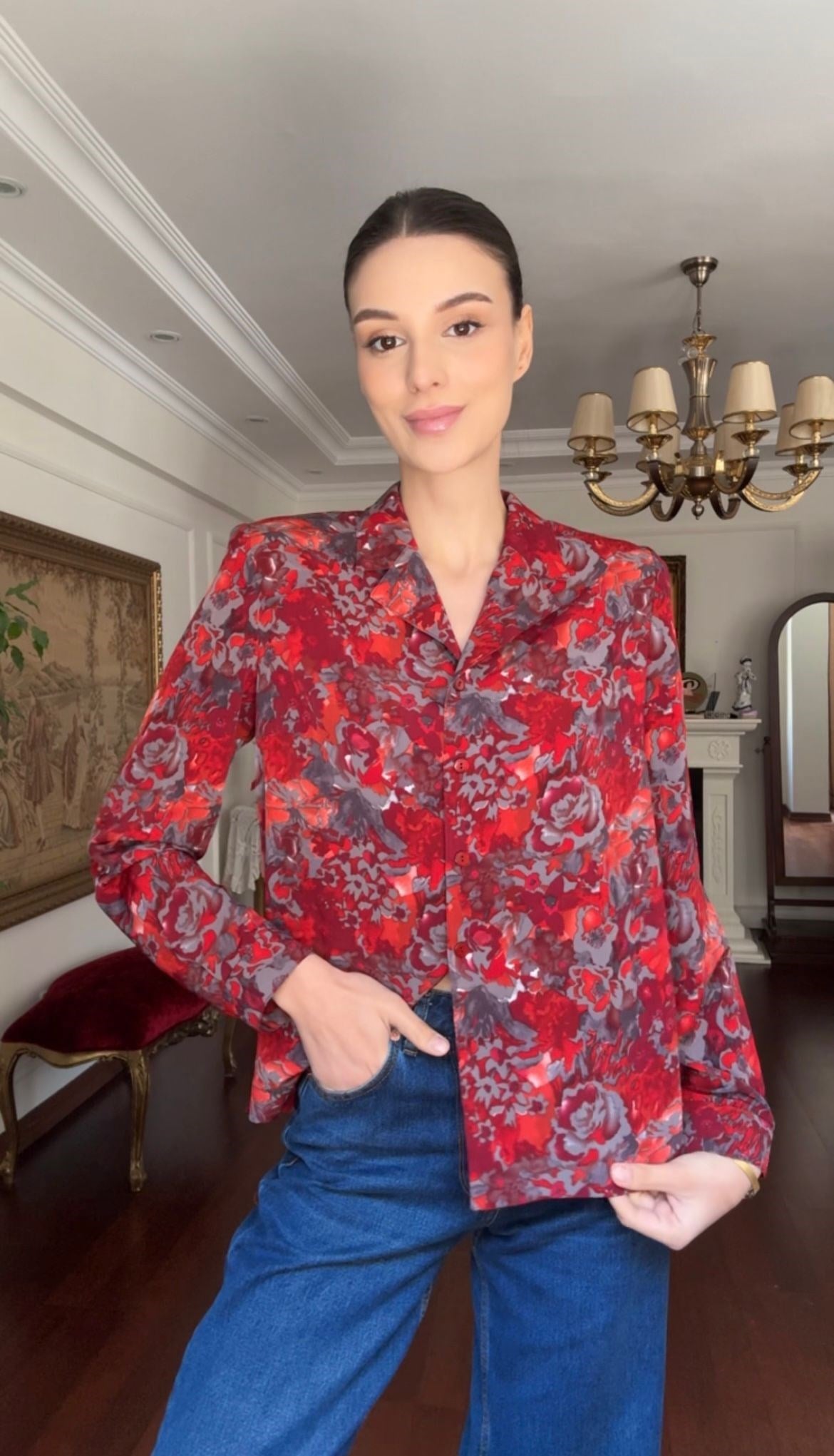 Vintage Rose Desenli Gömlek 