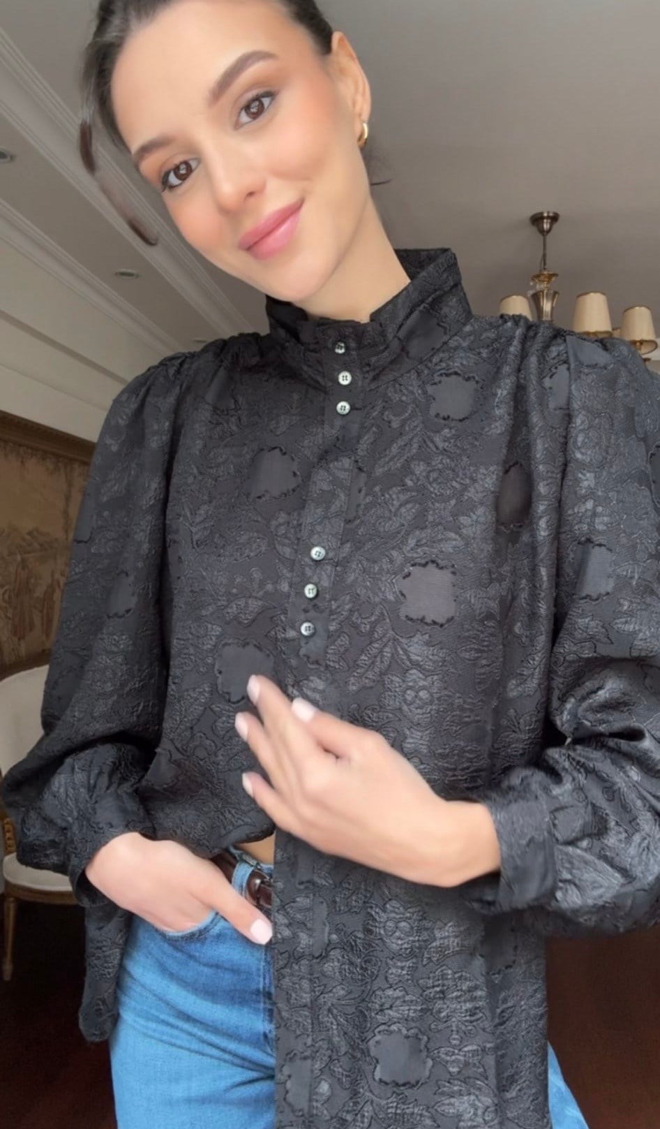 Vintage Siyah Jakarlı Gömlek