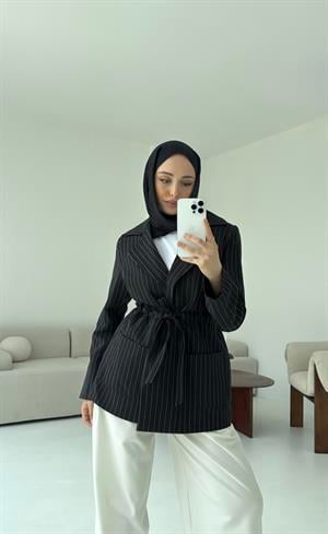 Bağlamalı Siyah Çizgili Blazer Ceket 