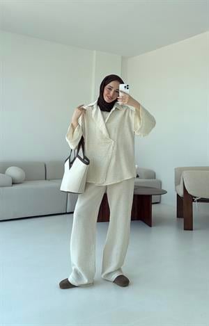 Müslin Düğmeli Kimono Takım Naturel
