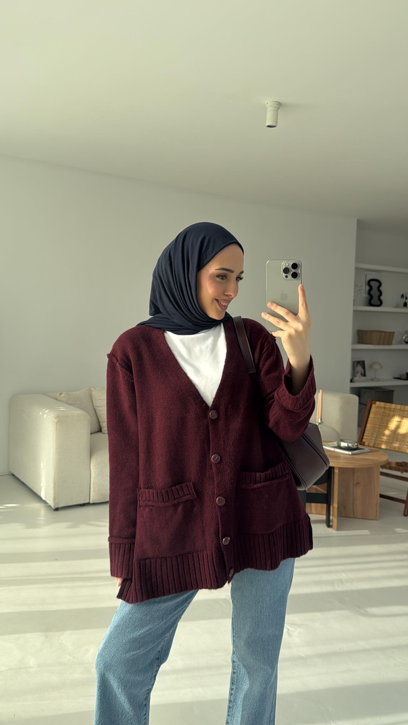 5 Düğmeli Cepli Triko Hırka Bordo