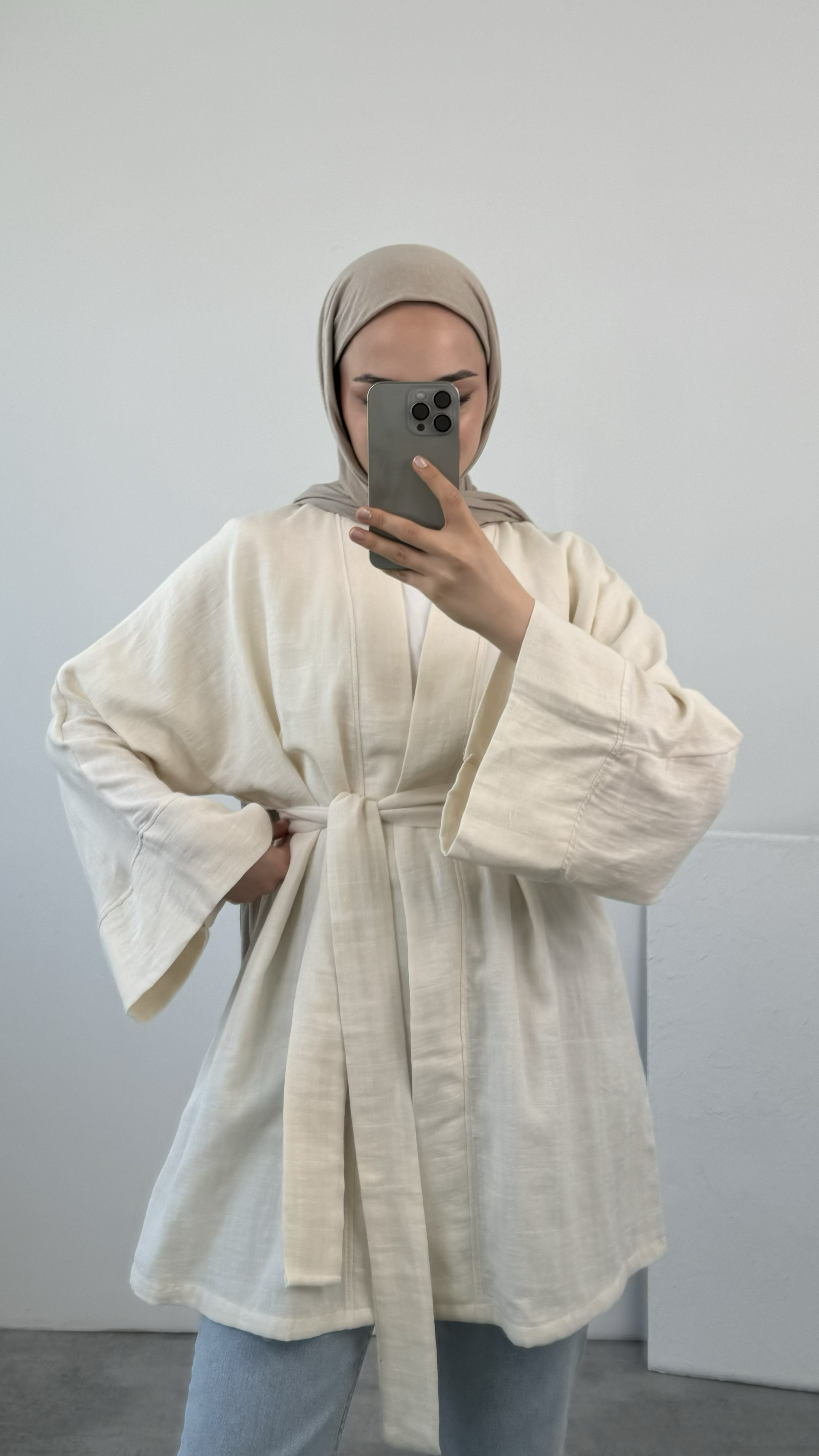 Ekru Bağlamalı Kimono 