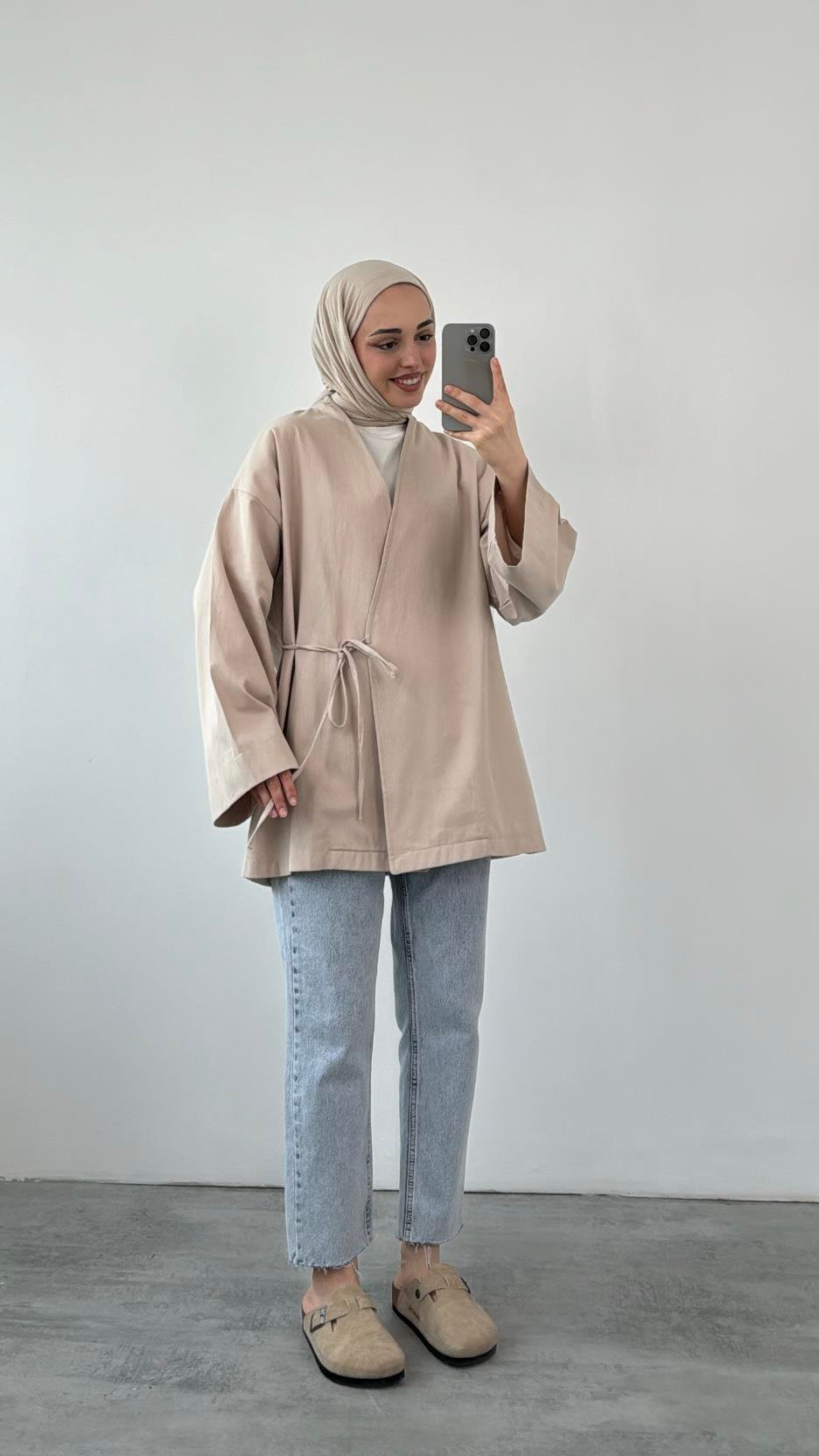 Gabardin Bağlamalı Ceket/Kimono Bej