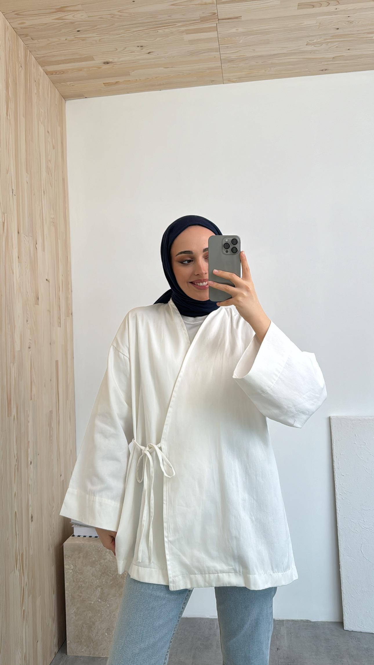 Gabardin Bağlamalı Ceket/Kimono Beyaz