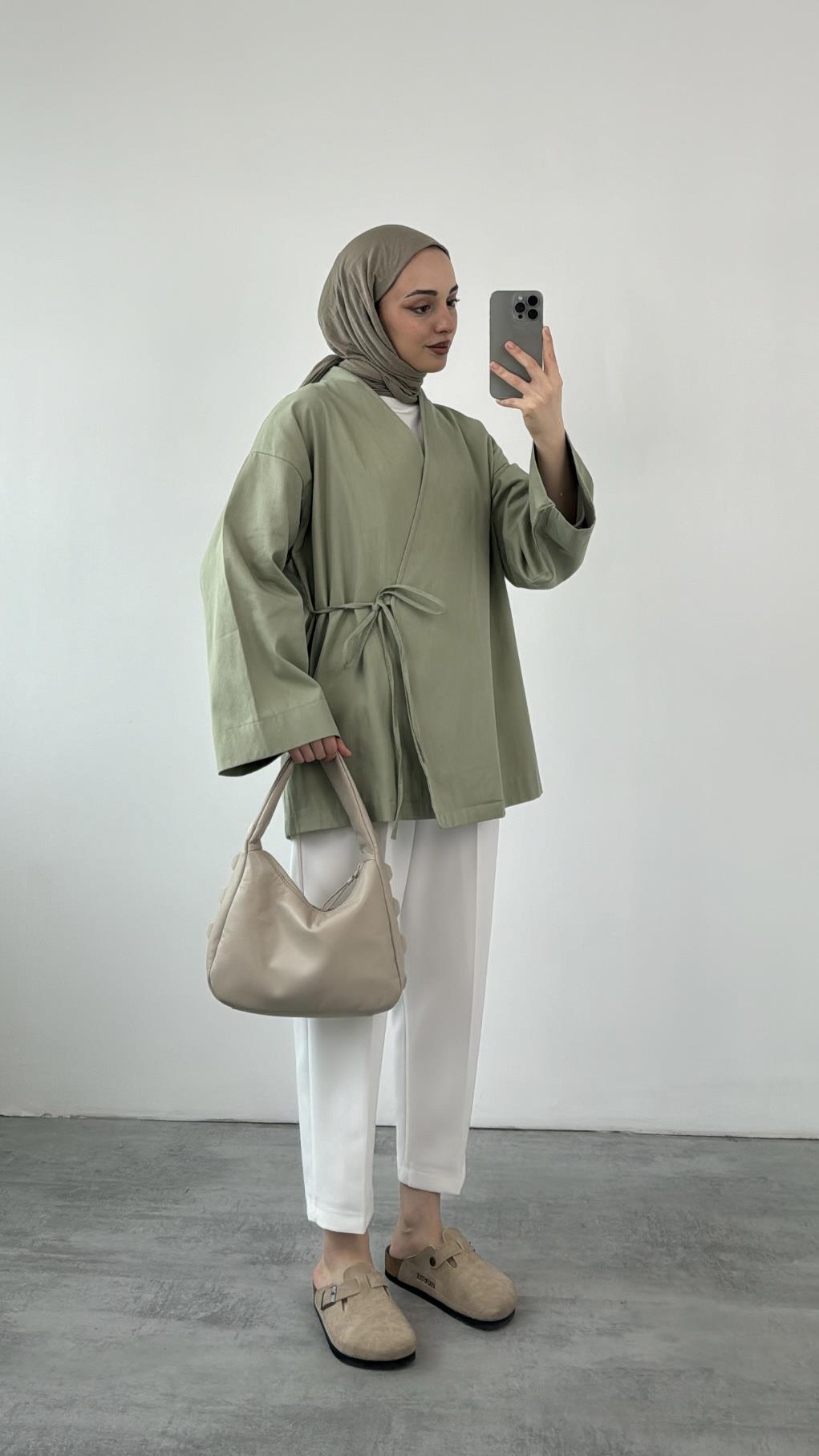 Gabardin Bağlamalı Ceket/Kimono Haki