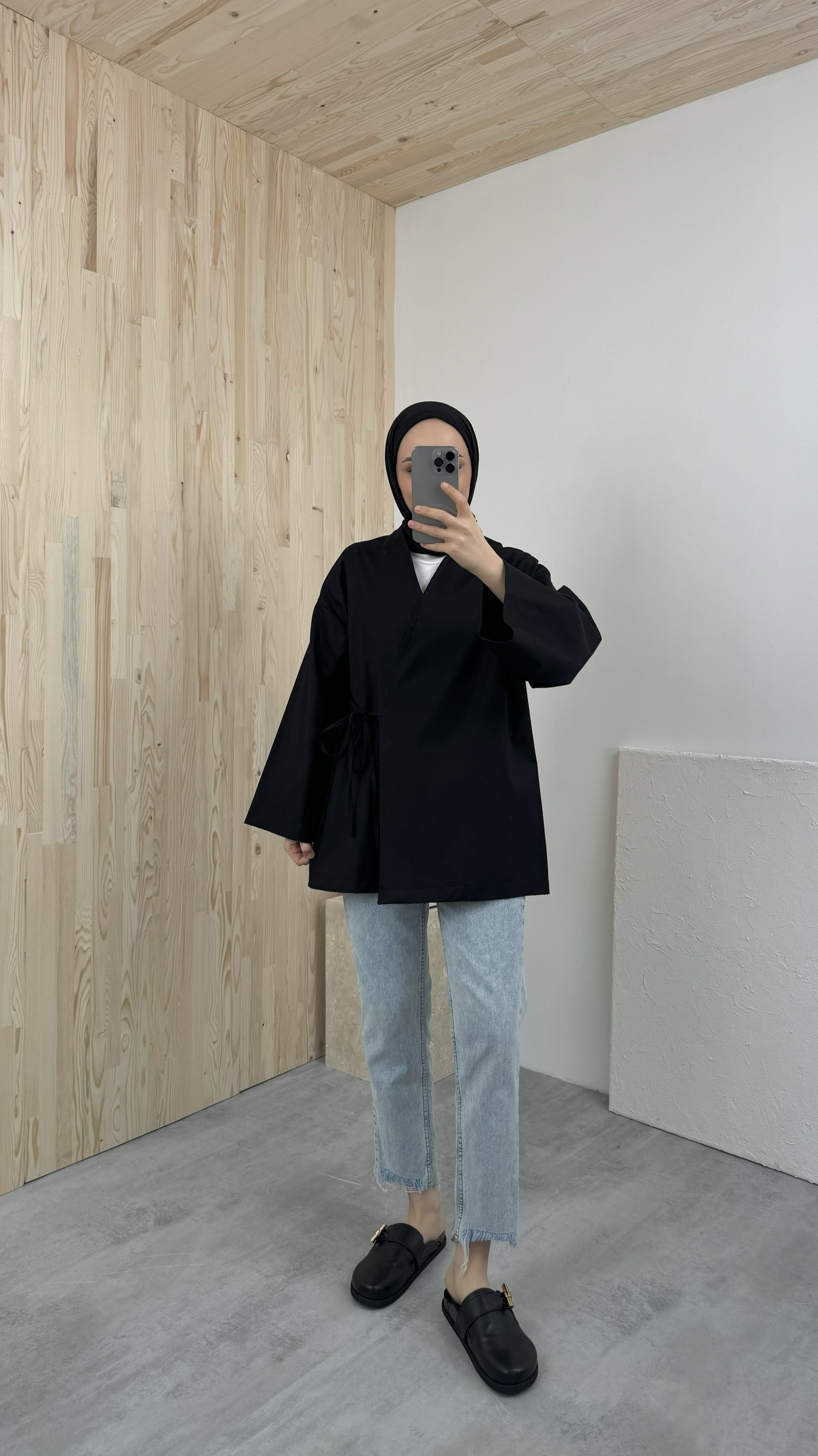 Gabardin Bağlamalı Ceket/Kimono Siyah