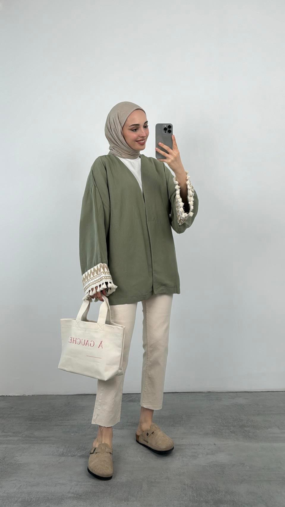 Kol Detaylı Kimono Haki