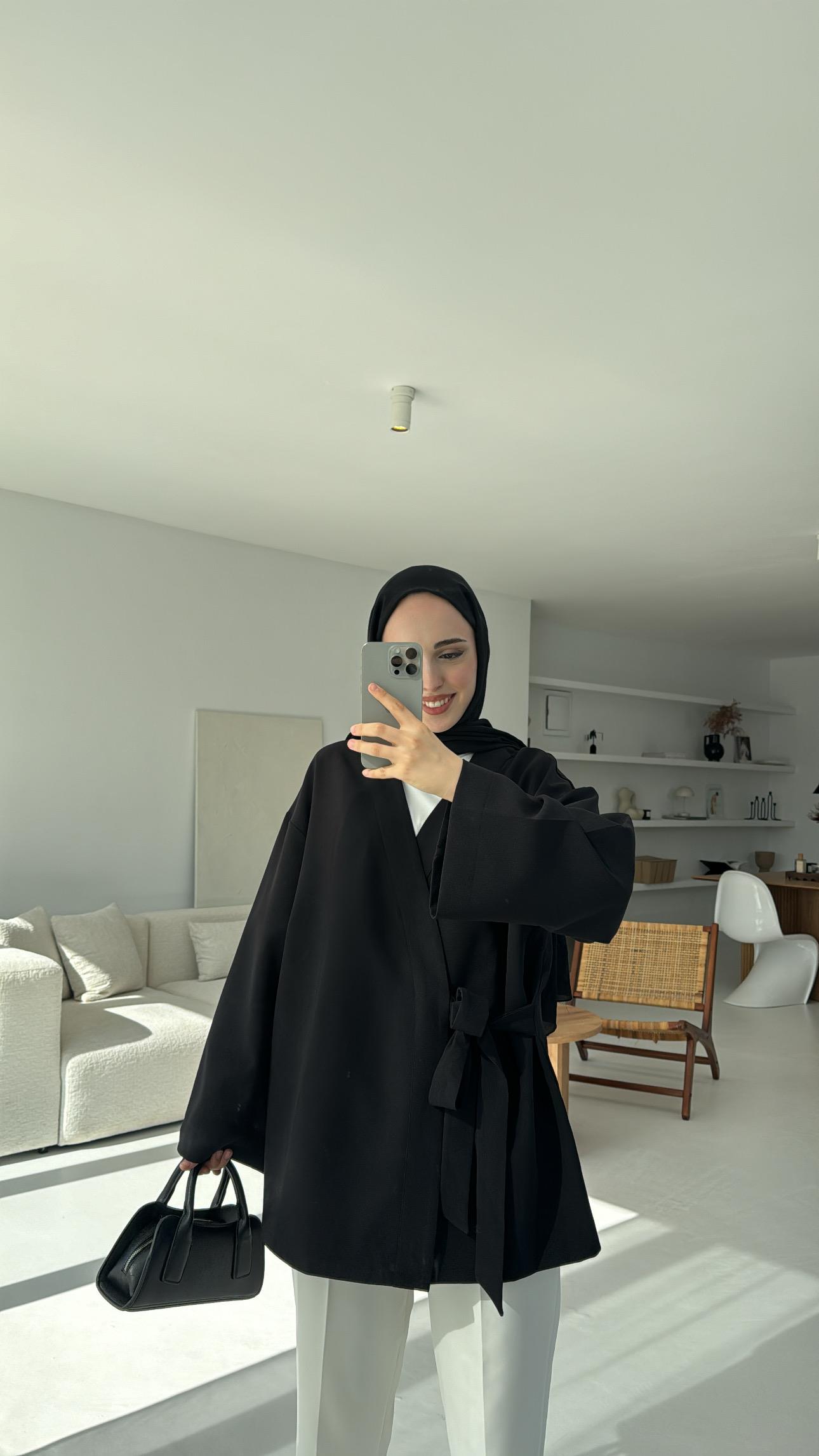 Krep Yandan Bağlama Kimono Siyah