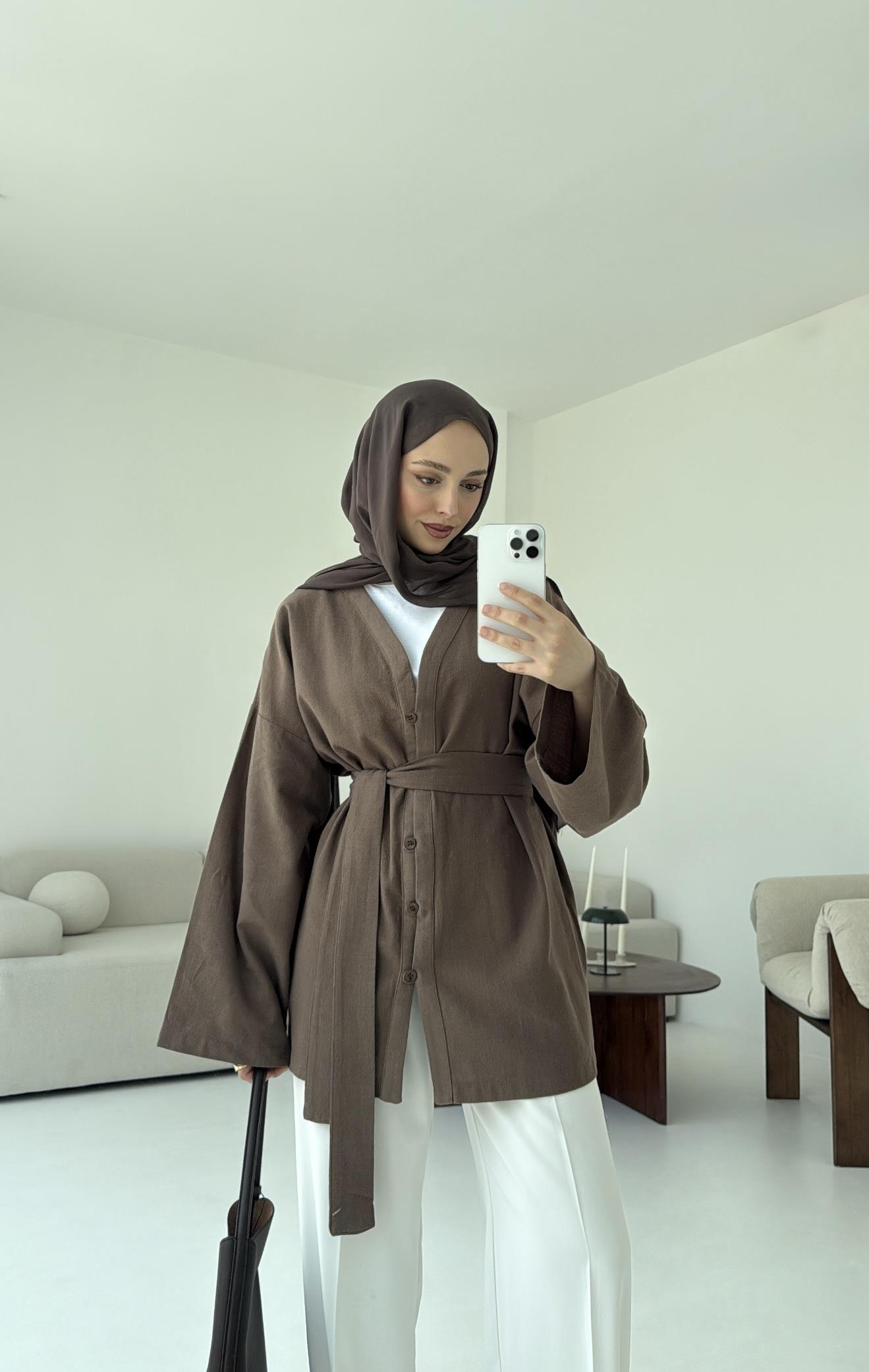 Linen Düğmeli Kimono Kahve